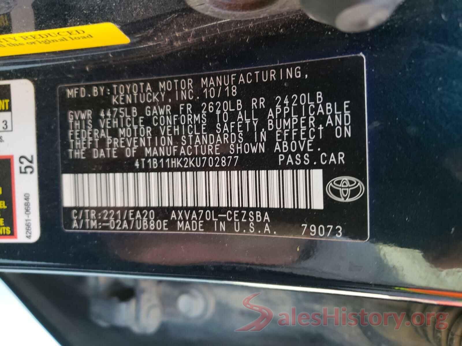 4T1B11HK2KU702877 2019 TOYOTA CAMRY