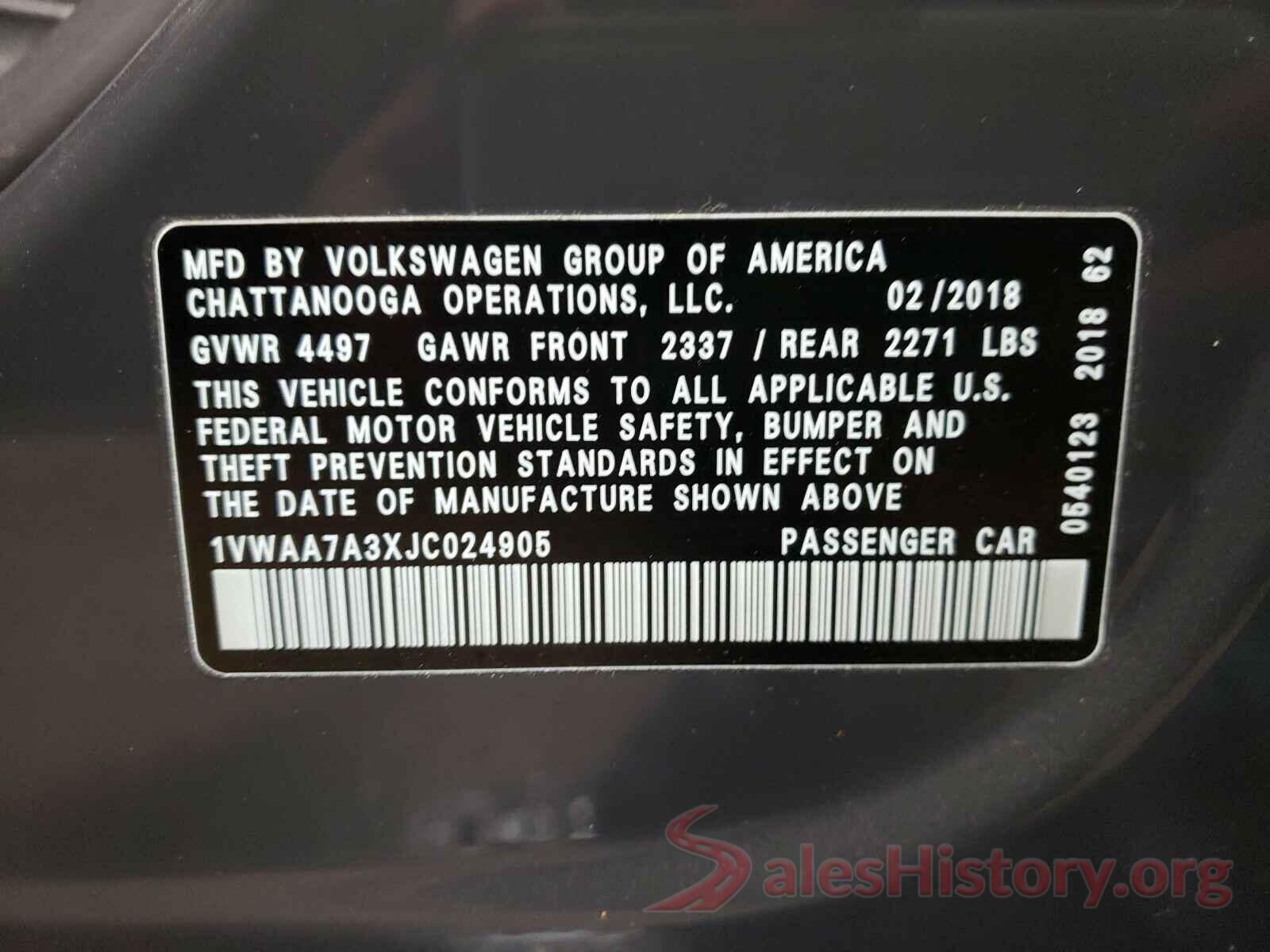 1VWAA7A3XJC024905 2018 VOLKSWAGEN PASSAT