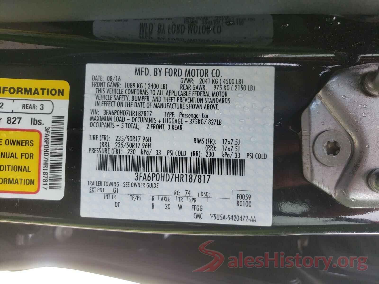 3FA6P0HD7HR187817 2017 FORD FUSION