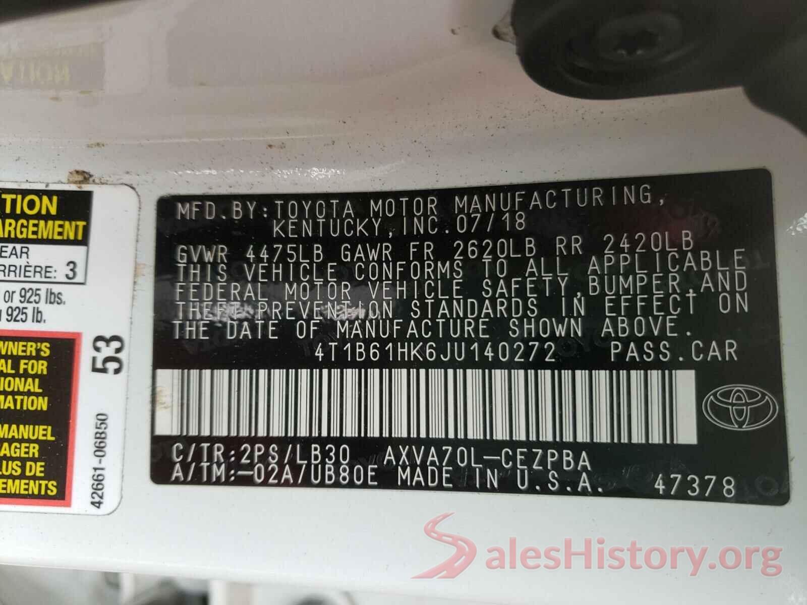 4T1B61HK6JU140272 2018 TOYOTA CAMRY