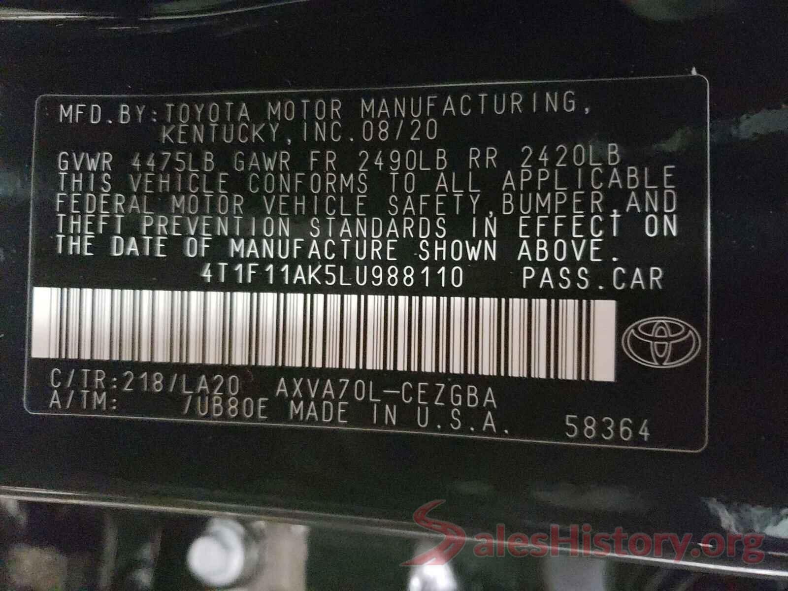 4T1F11AK5LU988110 2020 TOYOTA CAMRY