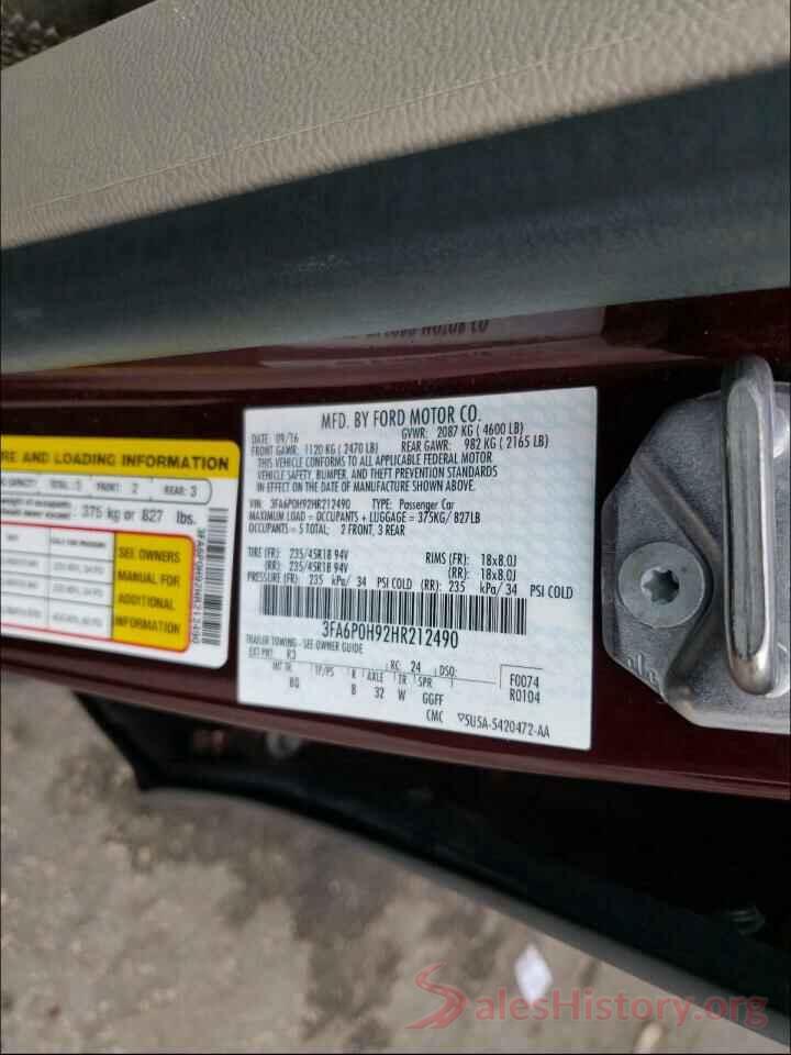 3FA6P0H92HR212490 2017 FORD FUSION