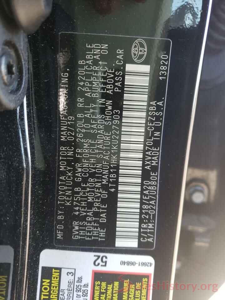 4T1B11HK1KU227903 2019 TOYOTA CAMRY