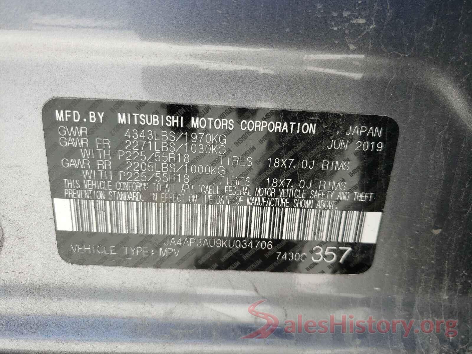 JA4AP3AU9KU034706 2019 MITSUBISHI OUTLANDER