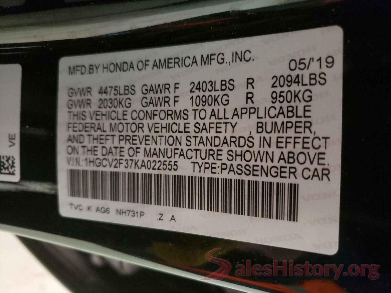 1HGCV2F37KA022555 2019 HONDA ACCORD