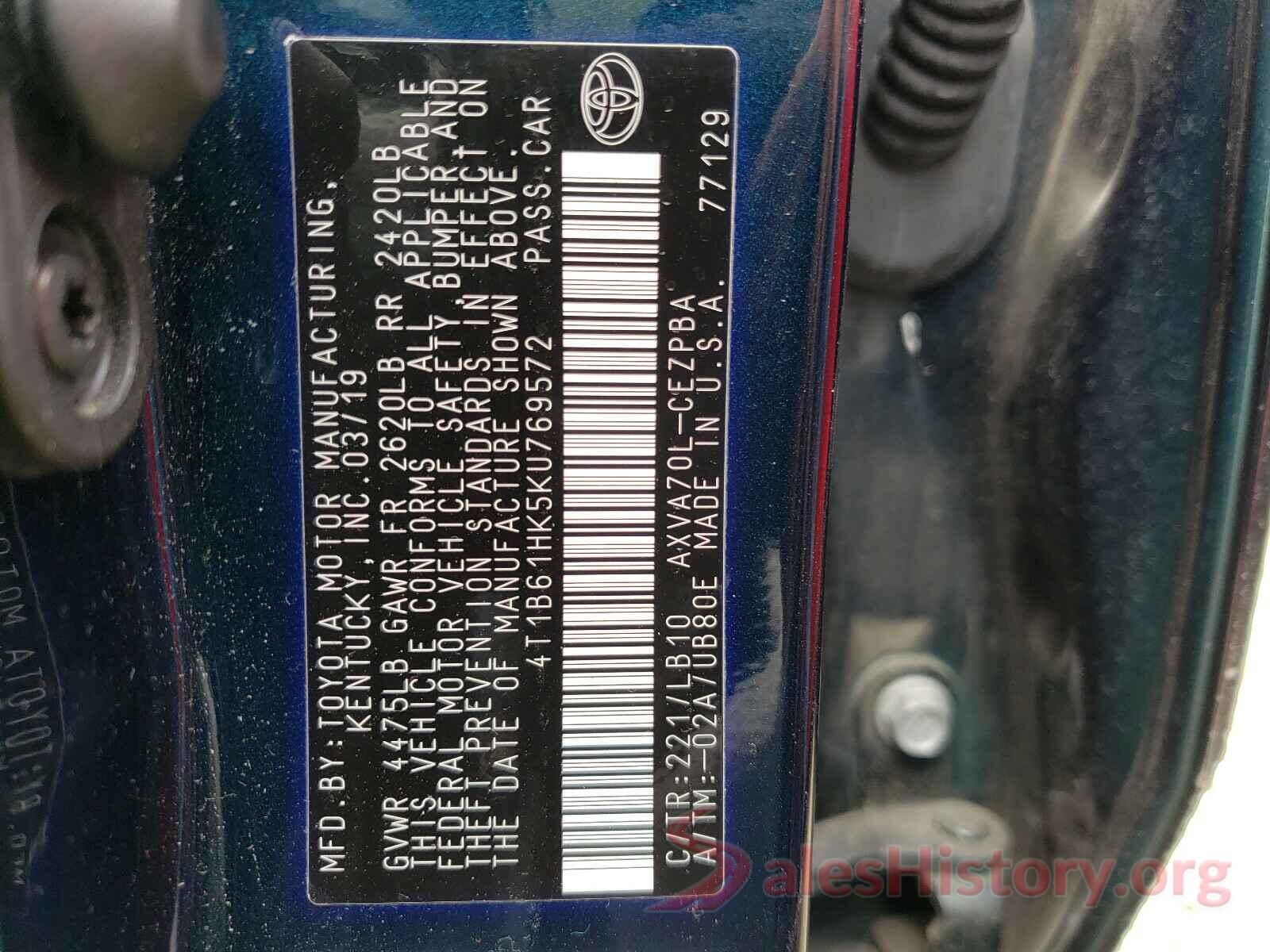 4T1B61HK5KU769572 2019 TOYOTA CAMRY