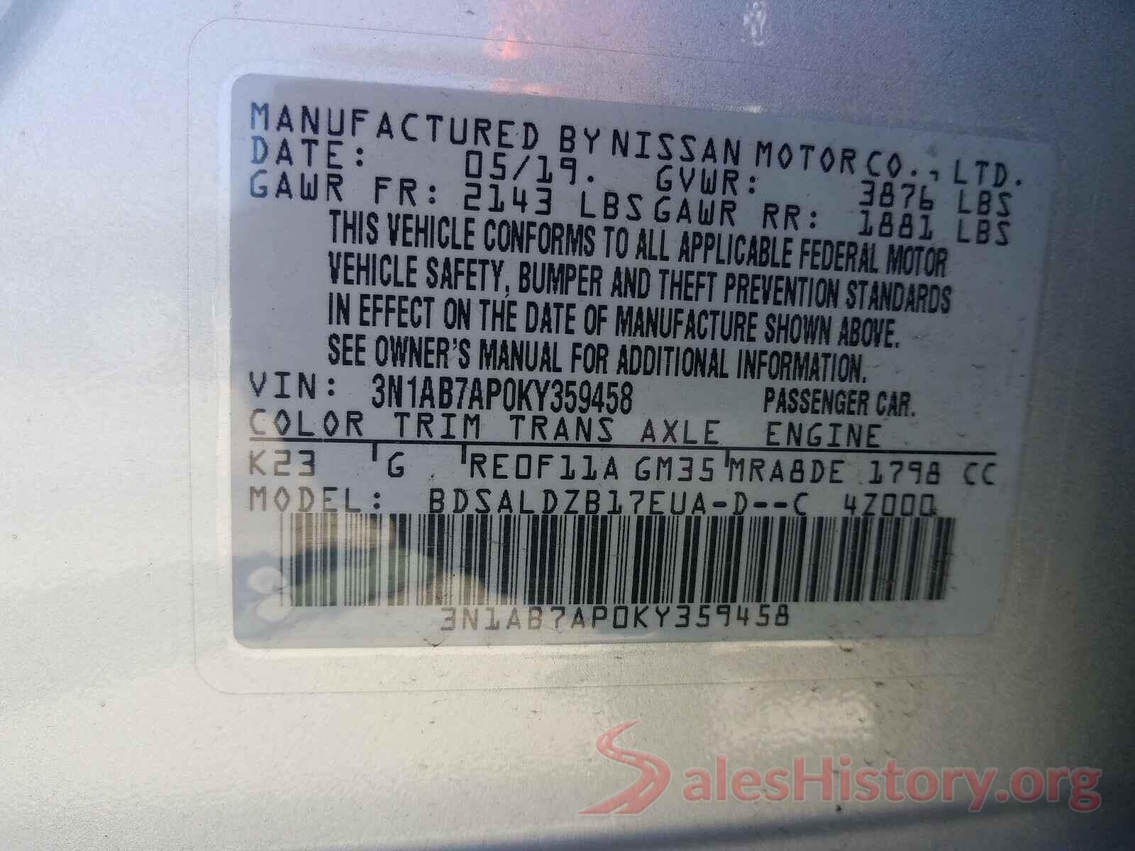 3N1AB7AP0KY359458 2019 NISSAN SENTRA