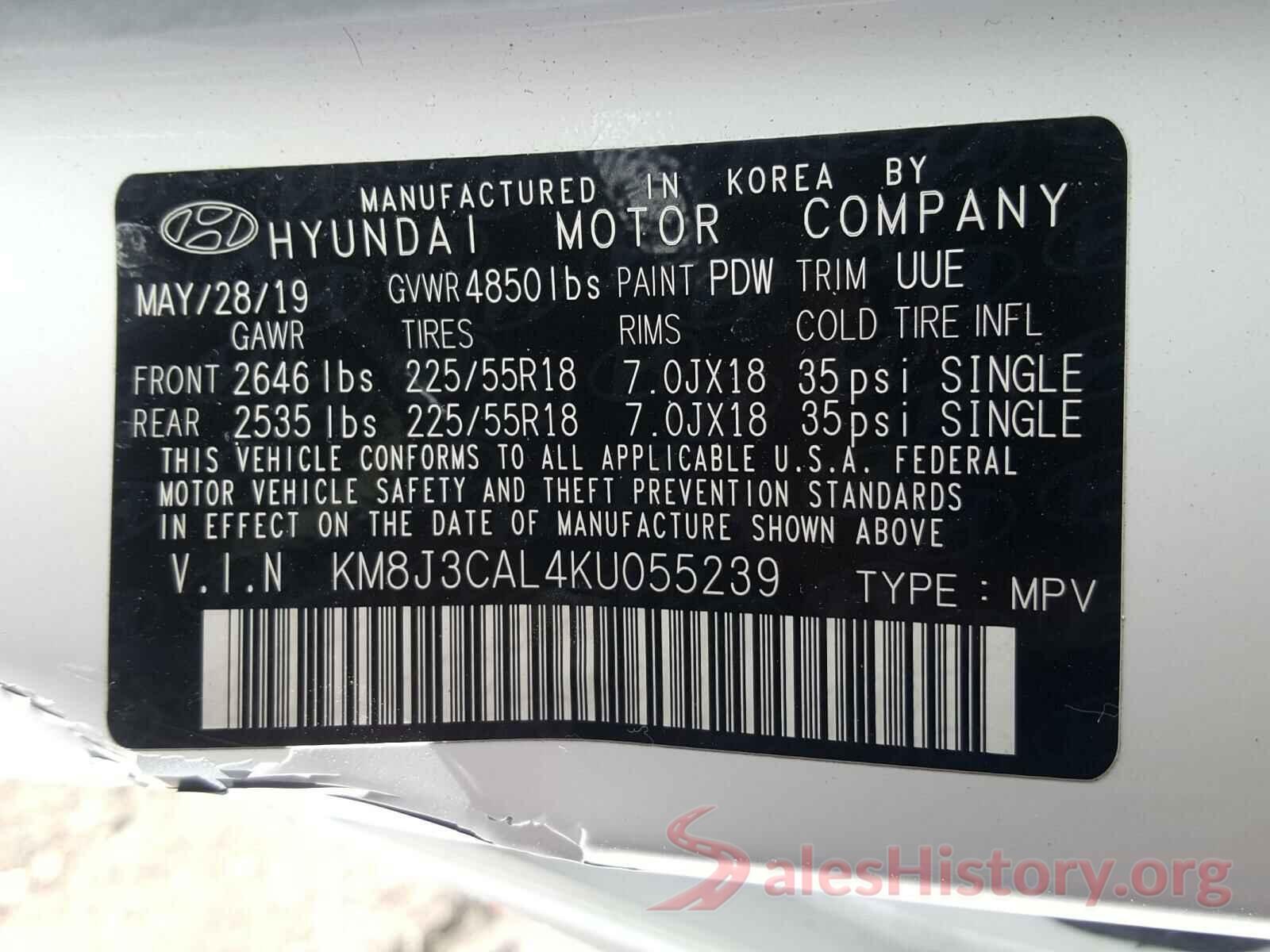 KM8J3CAL4KU055239 2019 HYUNDAI TUCSON