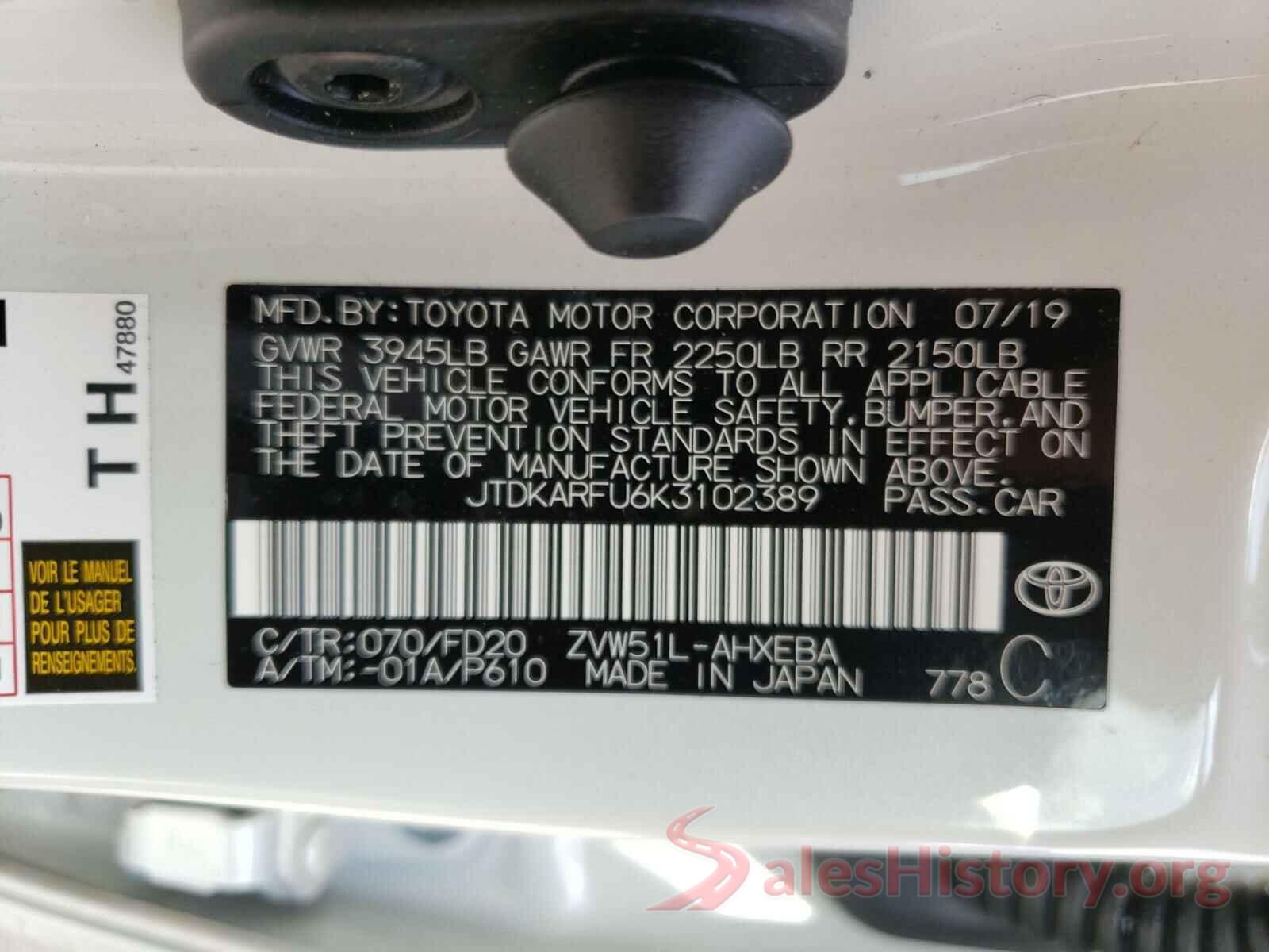 JTDKARFU6K3102389 2019 TOYOTA PRIUS