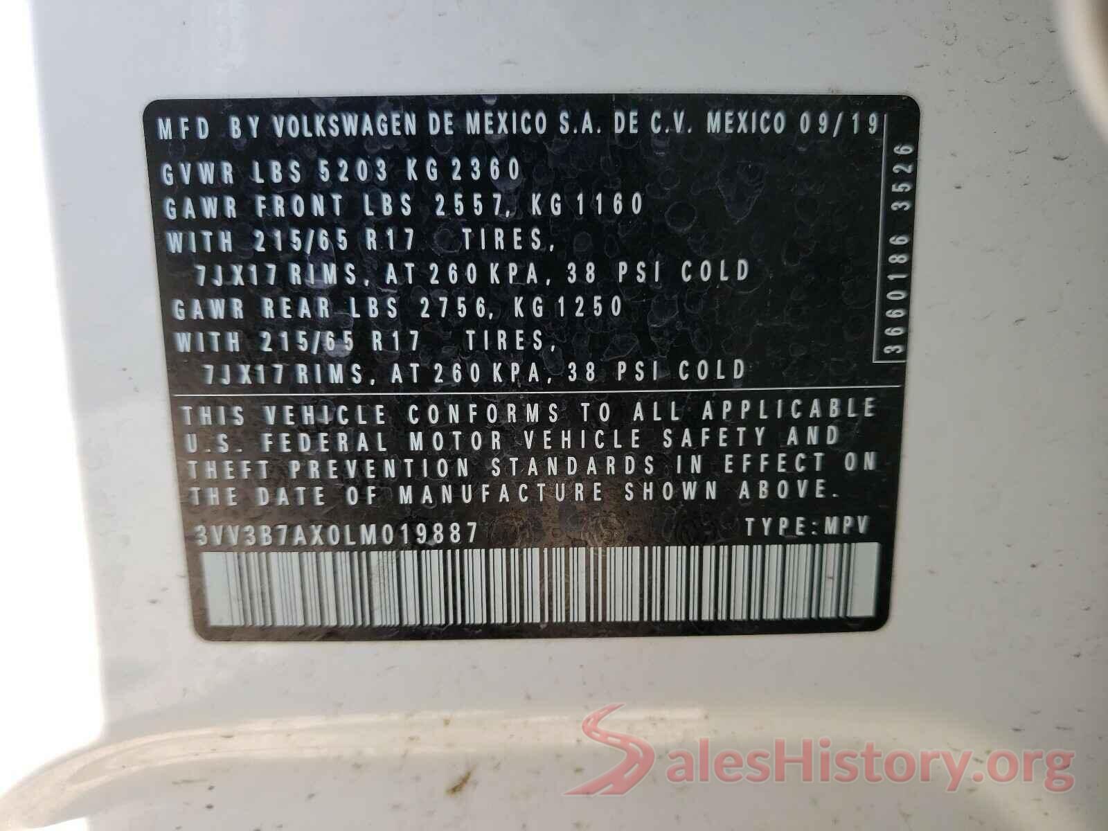 3VV3B7AX0LM019887 2020 VOLKSWAGEN TIGUAN