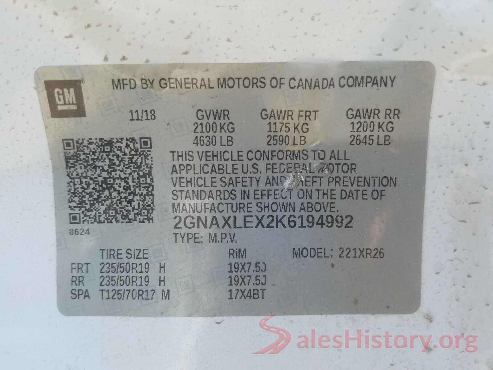 2GNAXLEX2K6194992 2019 CHEVROLET EQUINOX