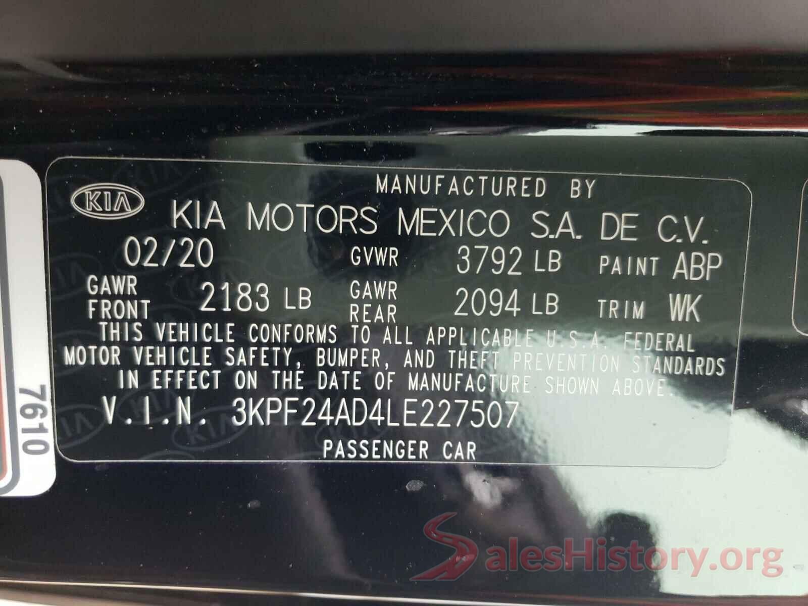 3KPF24AD4LE227507 2020 KIA FORTE