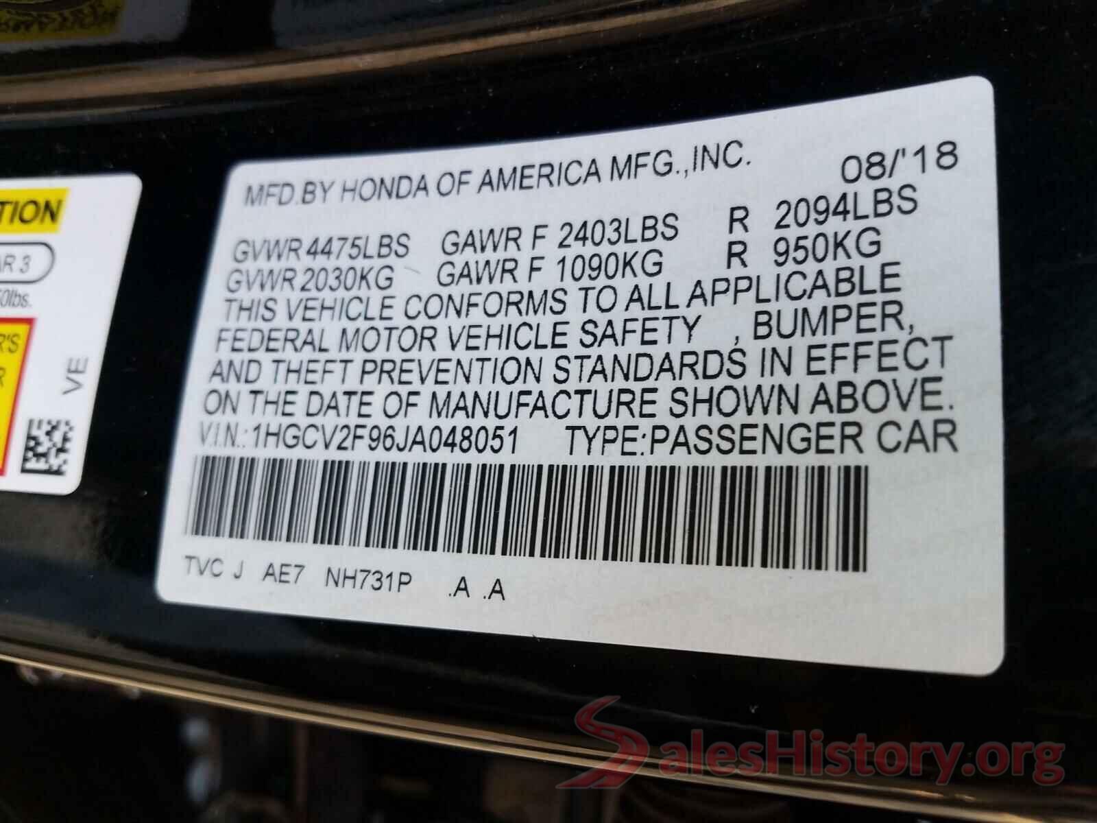 1HGCV2F96JA048051 2018 HONDA ACCORD