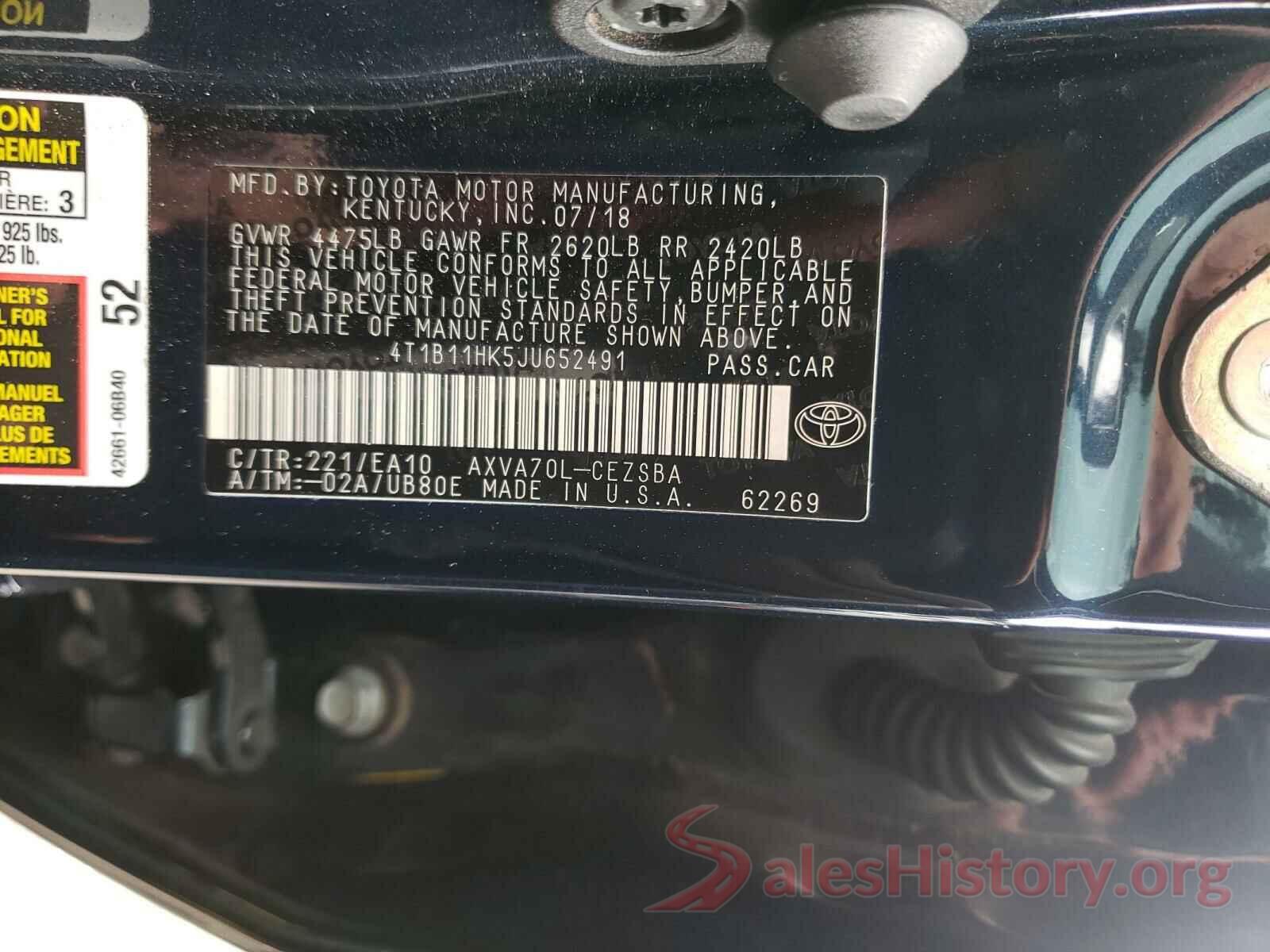 4T1B11HK5JU652491 2018 TOYOTA CAMRY