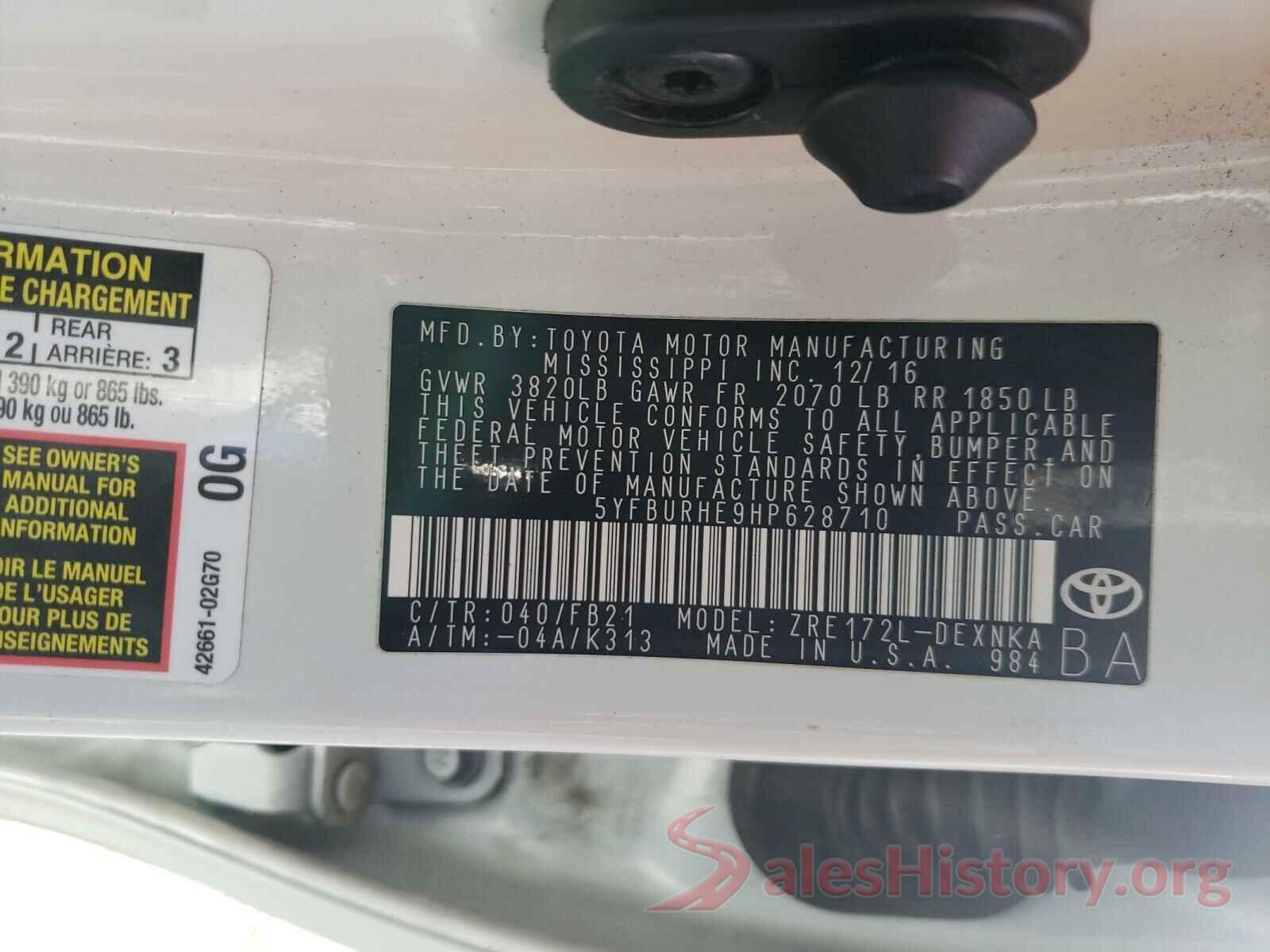 5YFBURHE9HP628710 2017 TOYOTA COROLLA