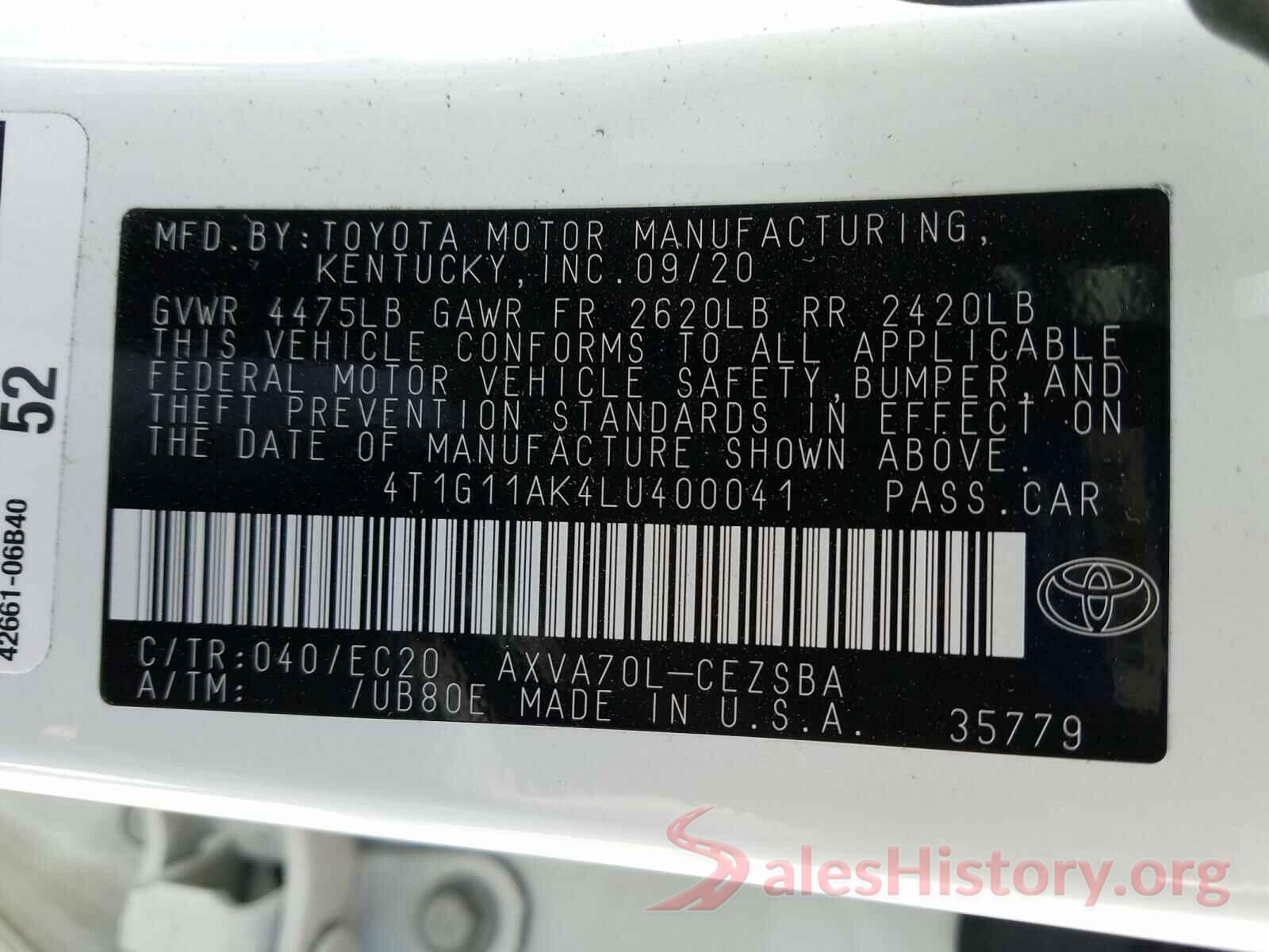 4T1G11AK4LU400041 2020 TOYOTA CAMRY