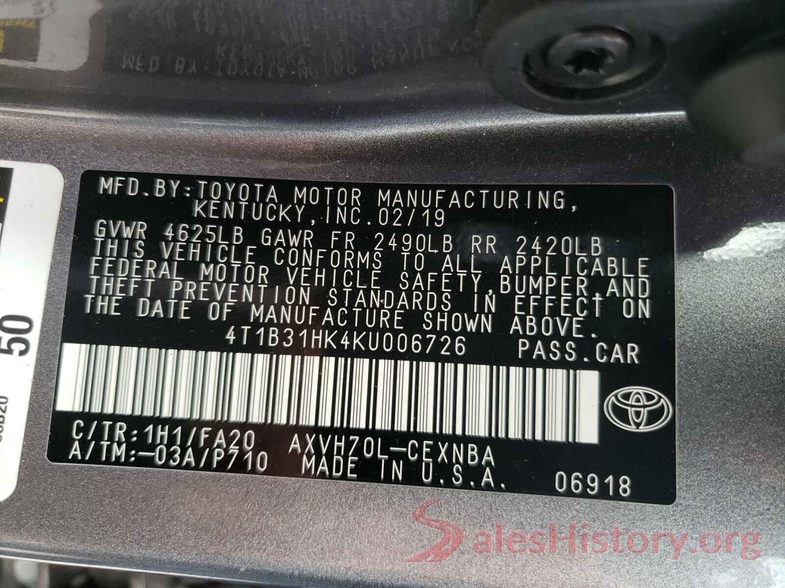 4T1B31HK4KU006726 2019 TOYOTA CAMRY