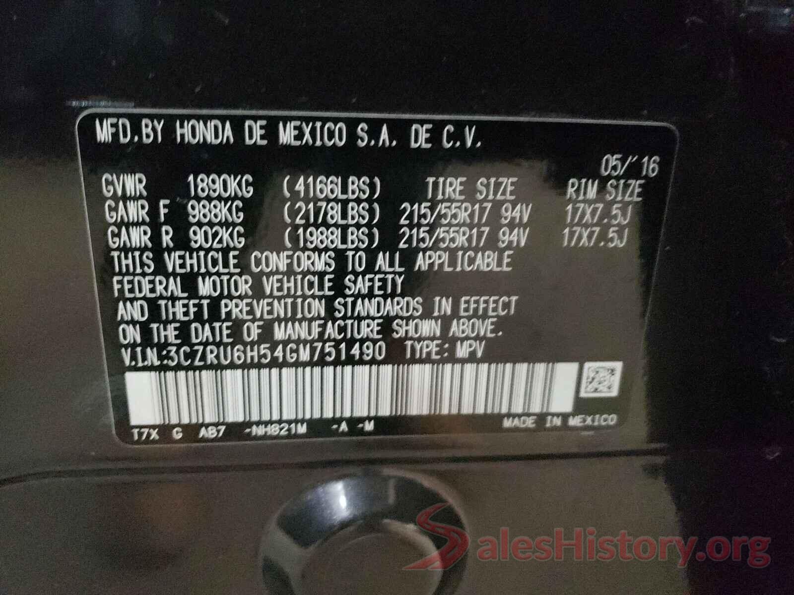 3CZRU6H54GM751490 2016 HONDA HR-V