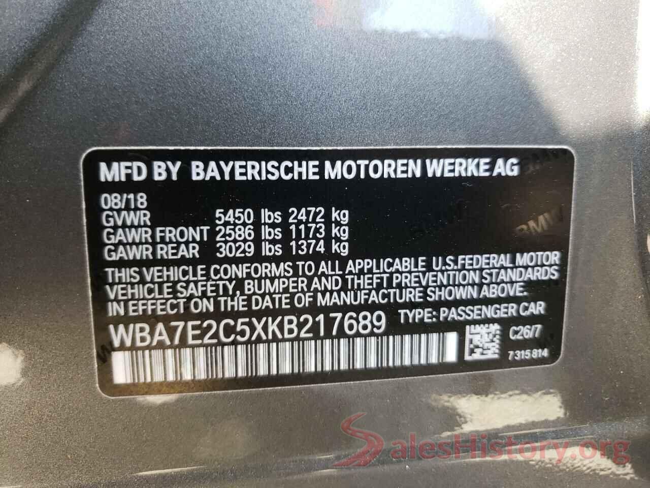 WBA7E2C5XKB217689 2019 BMW 7 SERIES