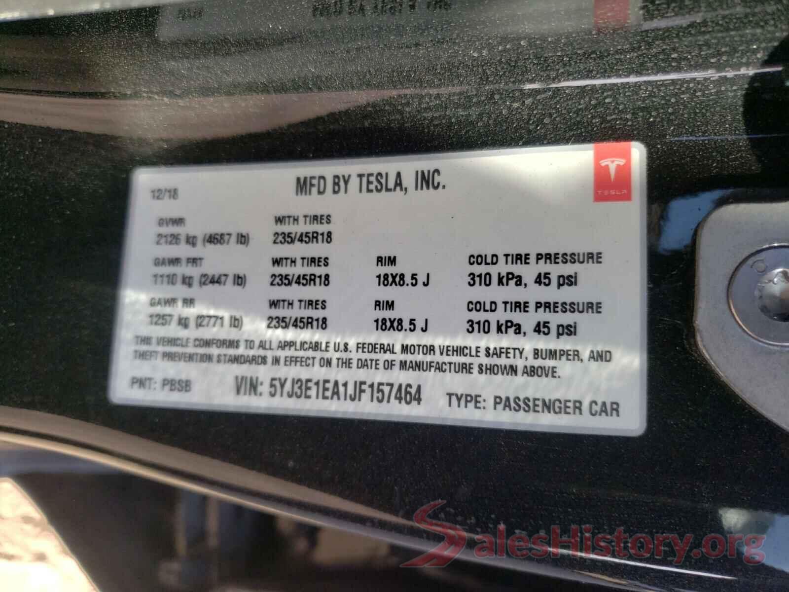 5YJ3E1EA1JF157464 2018 TESLA MODEL 3