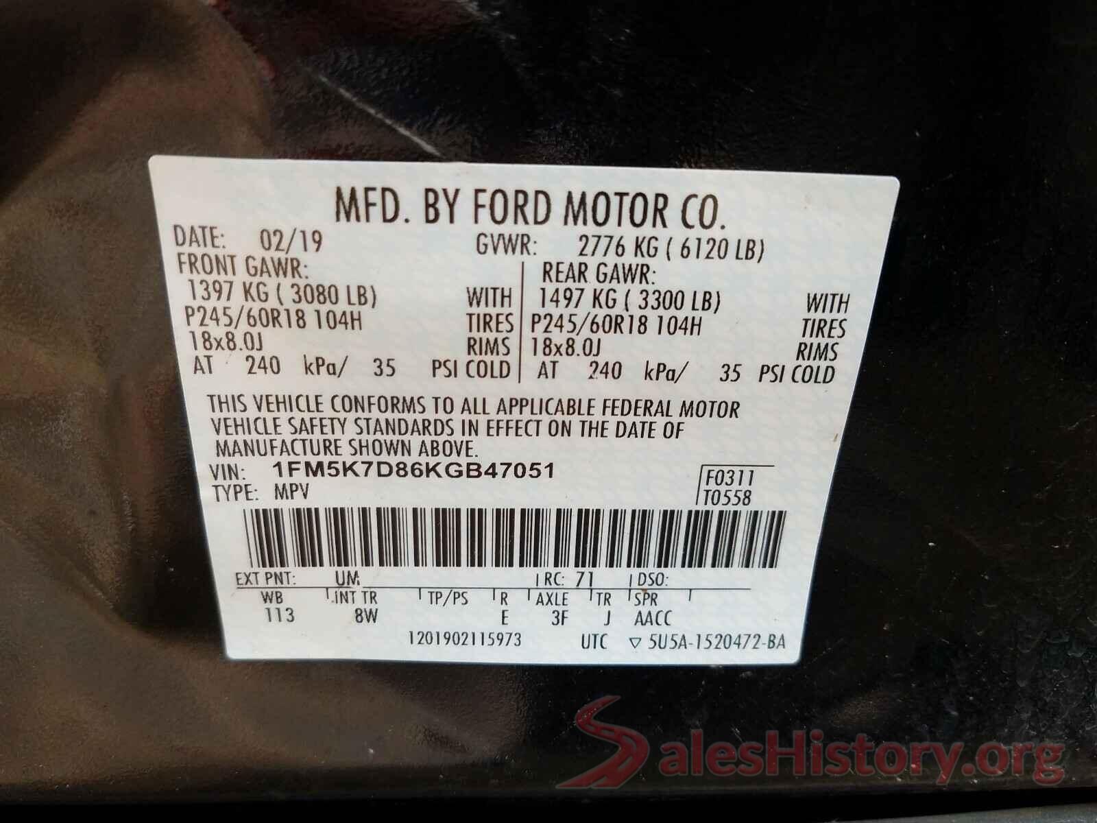 1FM5K7D86KGB47051 2019 FORD EXPLORER