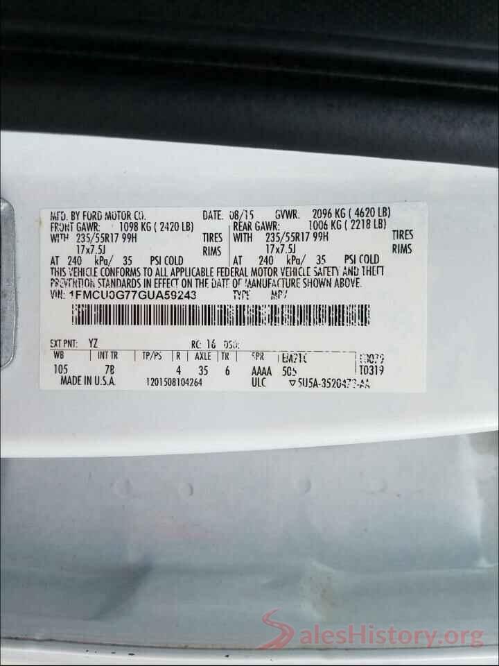 1FMCU0G77GUA59243 2016 FORD ESCAPE