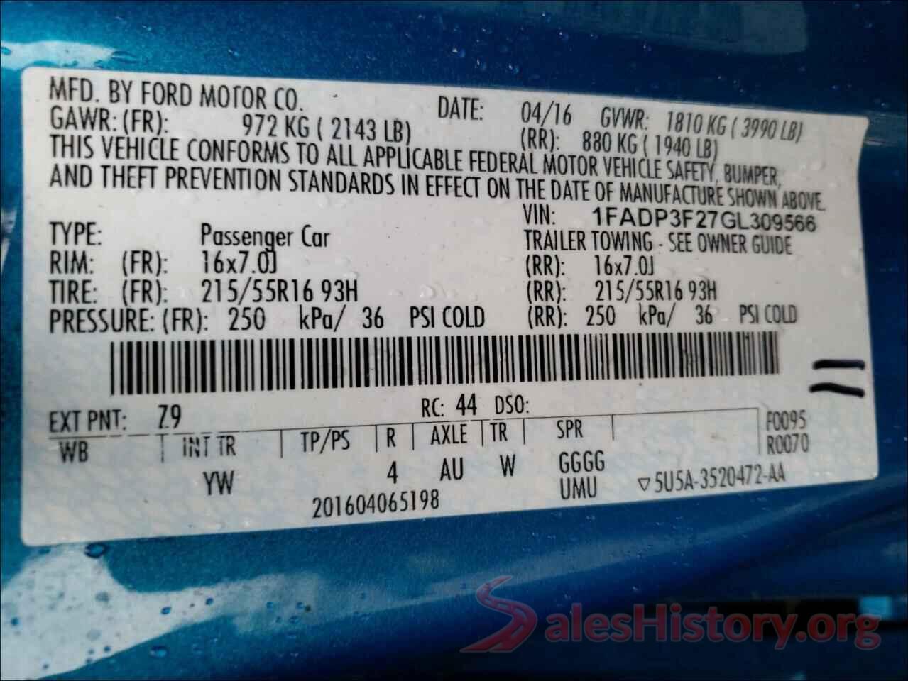 1FADP3F27GL309566 2016 FORD FOCUS