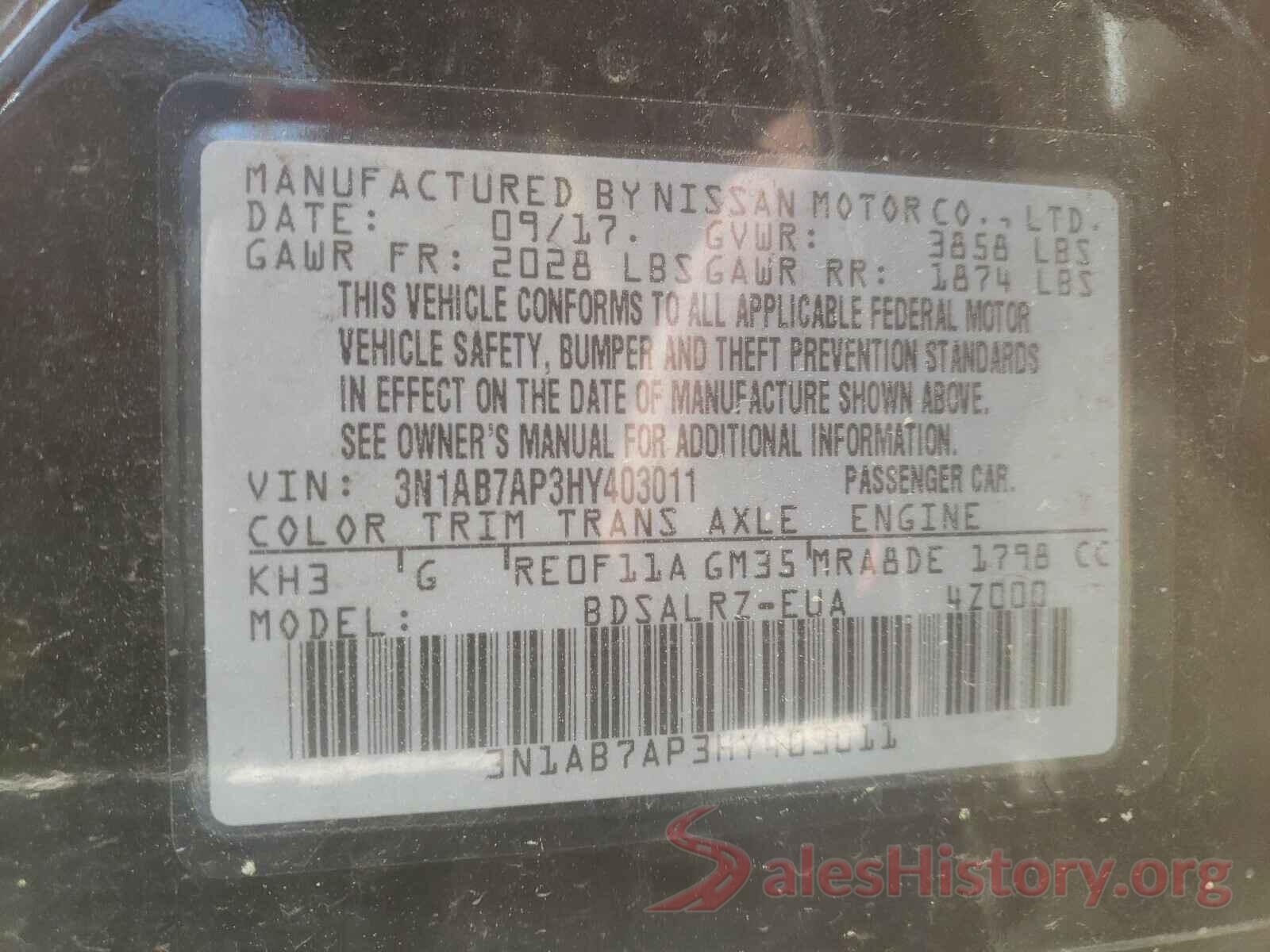 3N1AB7AP3HY403011 2017 NISSAN SENTRA