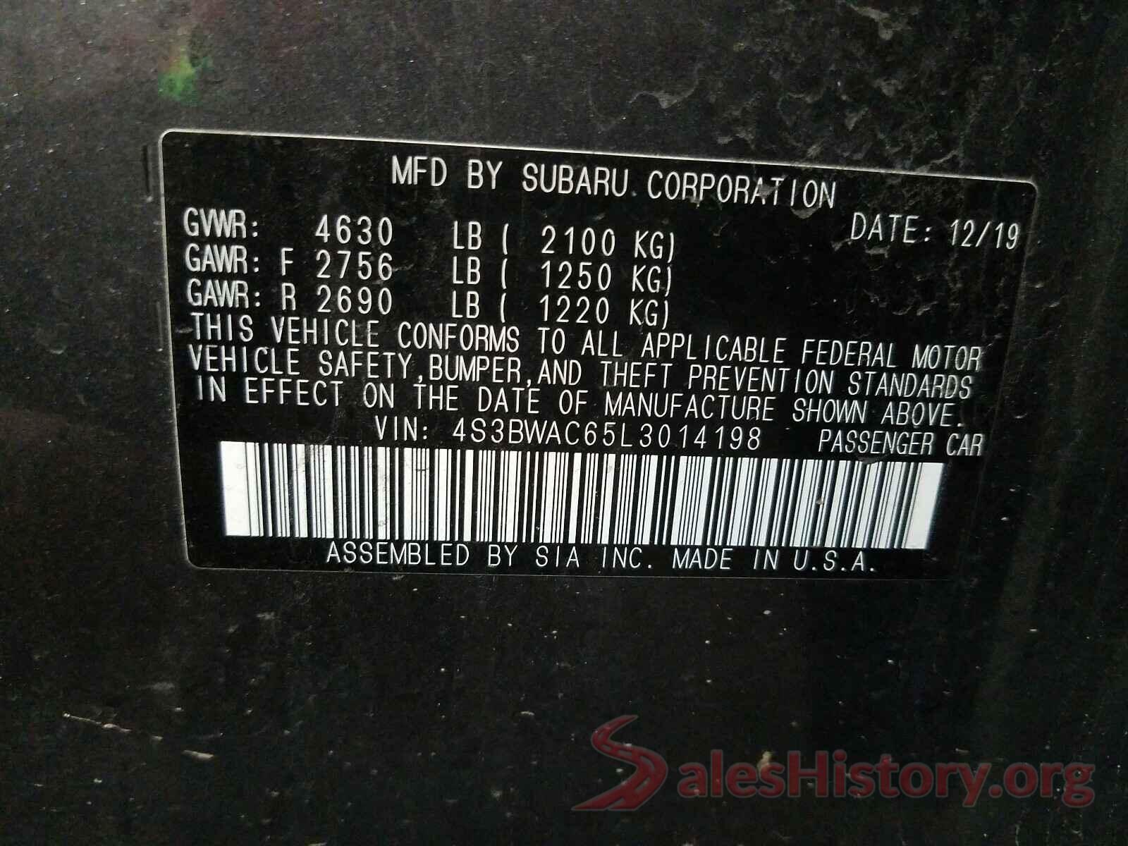 4S3BWAC65L3014198 2020 SUBARU LEGACY