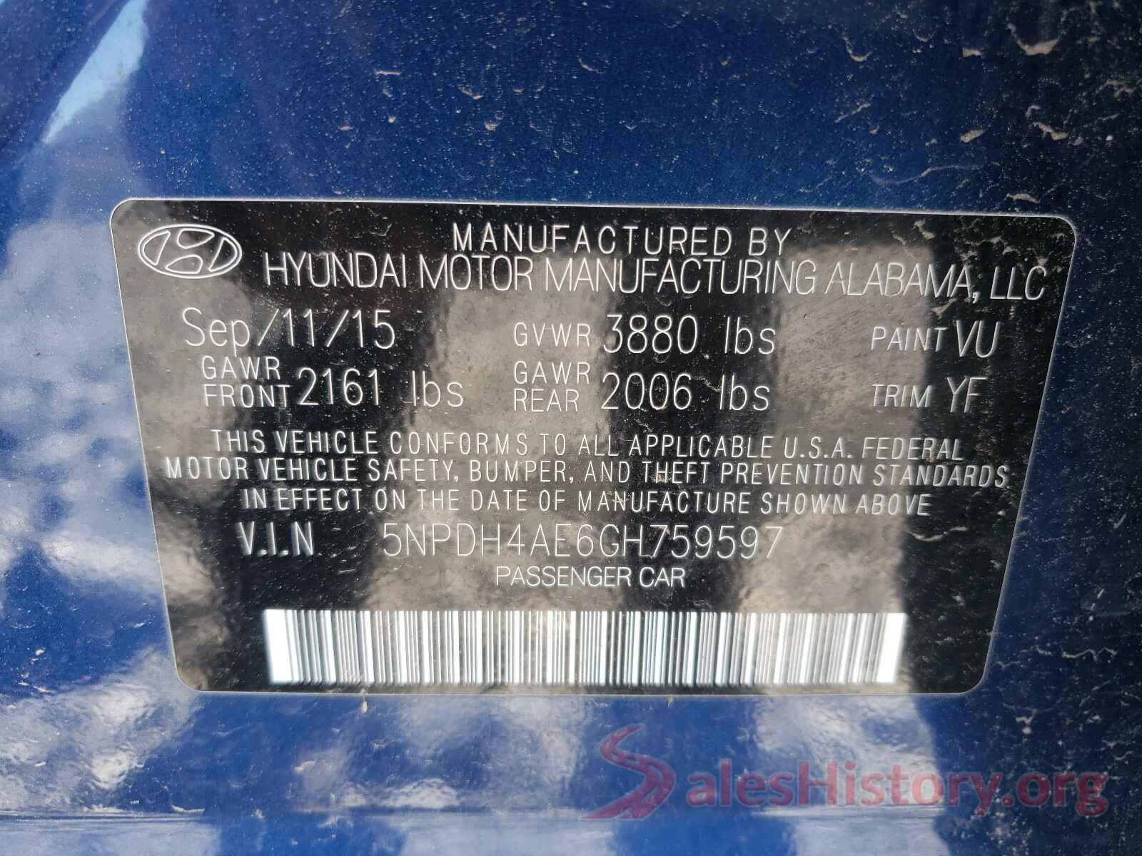 5NPDH4AE6GH759597 2016 HYUNDAI ELANTRA