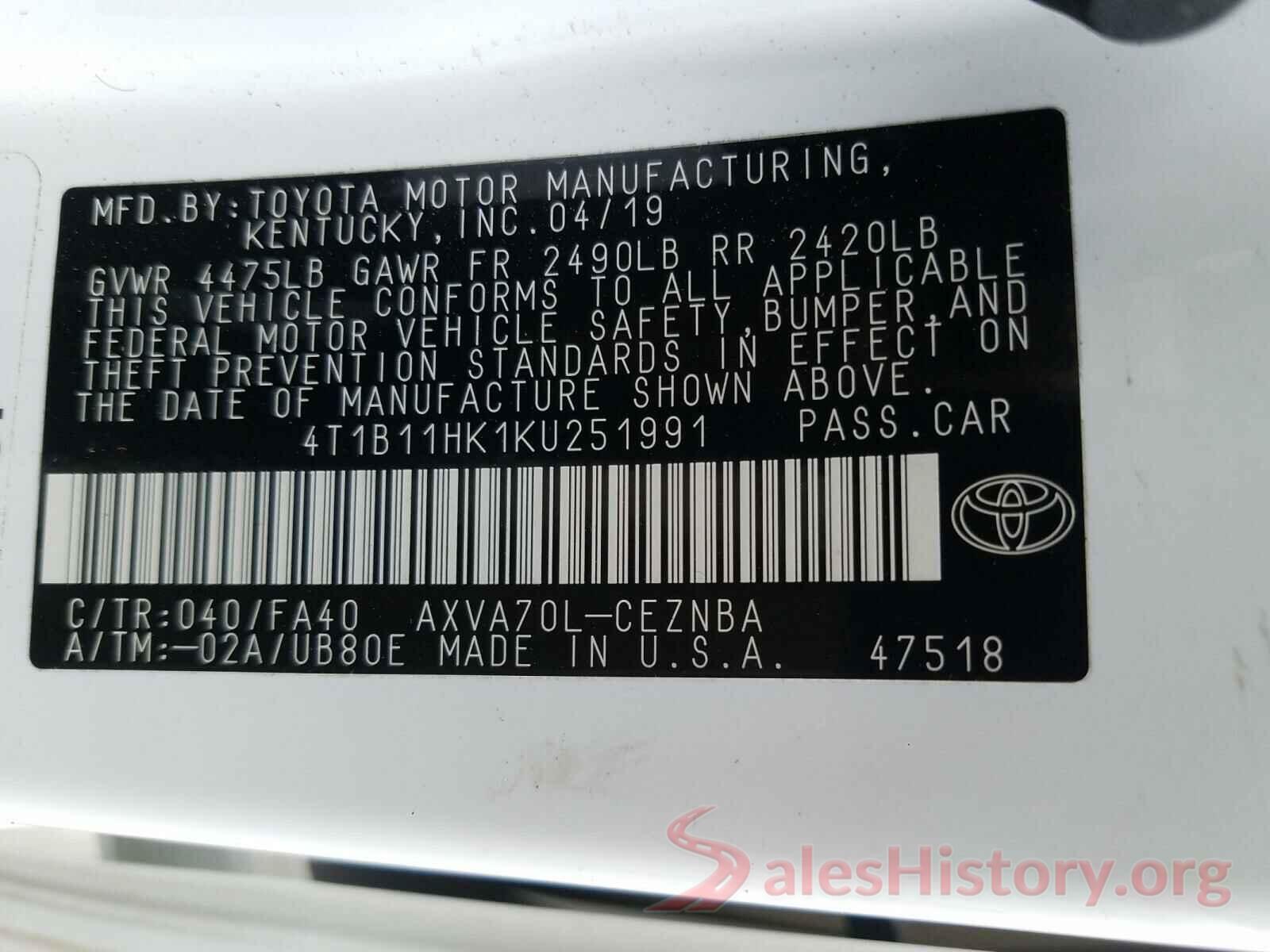 4T1B11HK1KU251991 2019 TOYOTA CAMRY