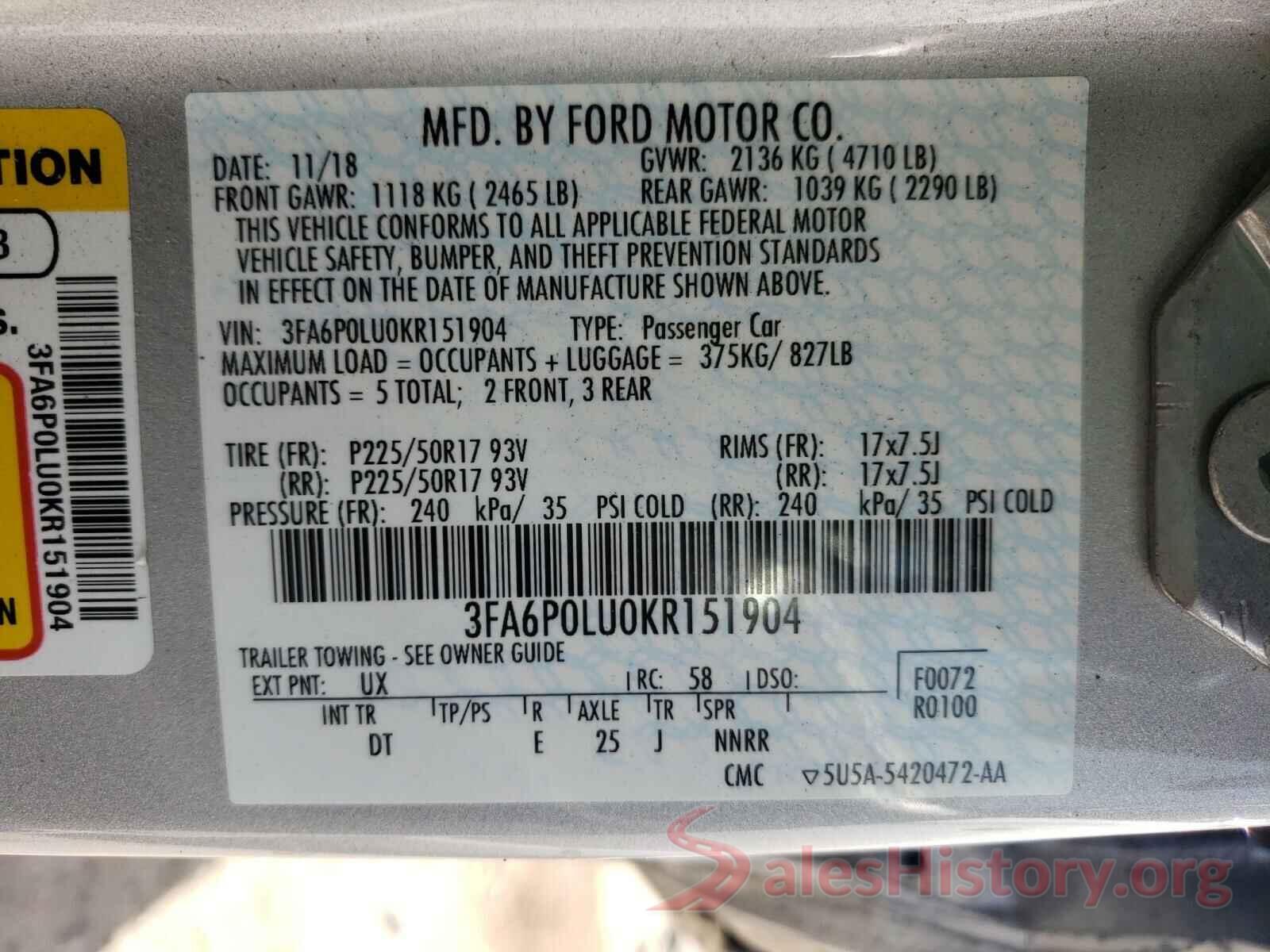 3FA6P0LU0KR151904 2019 FORD FUSION