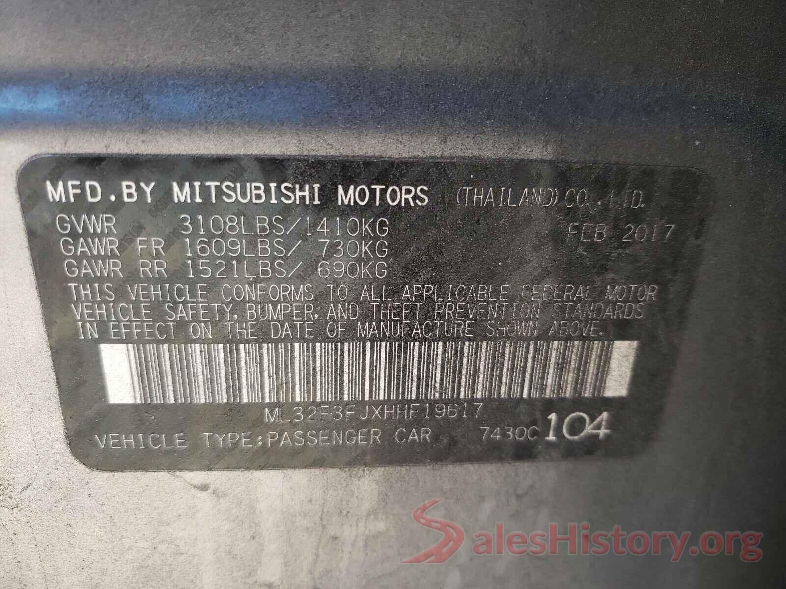 ML32F3FJXHHF19617 2017 MITSUBISHI MIRAGE