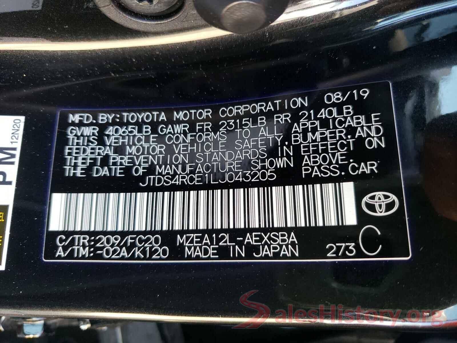 JTDS4RCE1LJ043205 2020 TOYOTA COROLLA