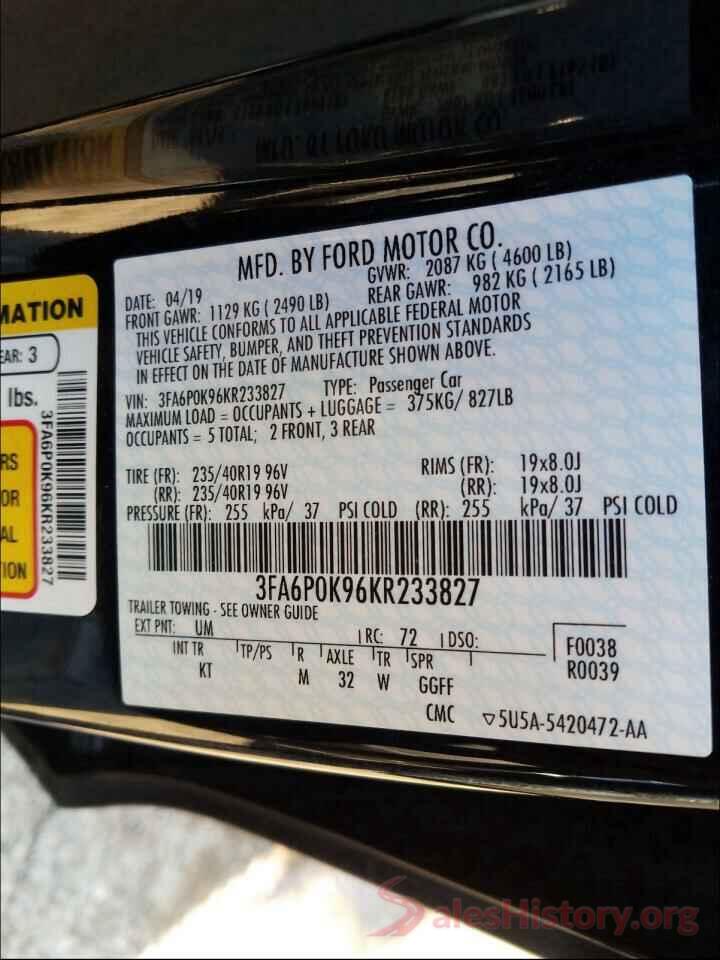 3FA6P0K96KR233827 2019 FORD FUSION