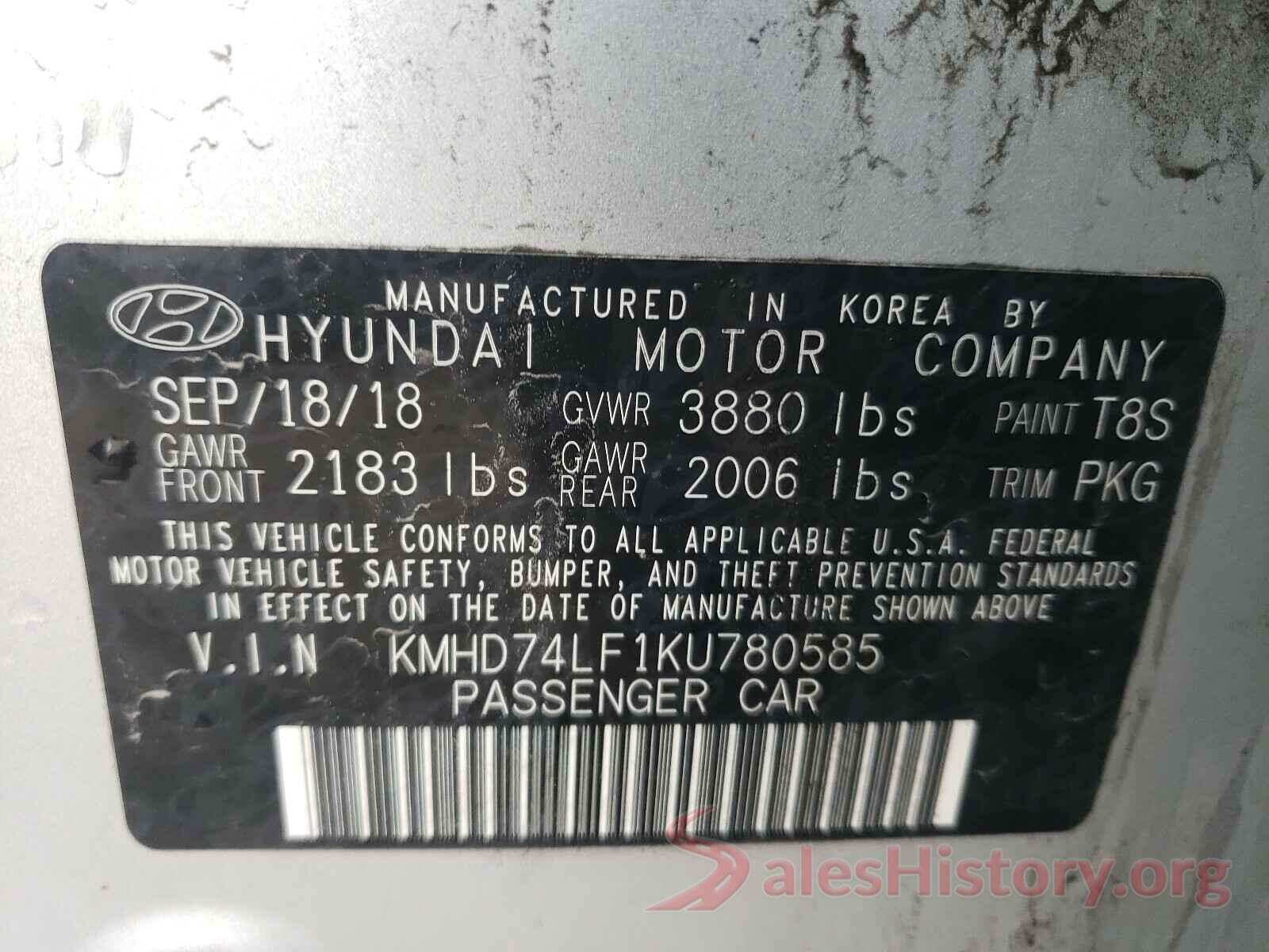 KMHD74LF1KU780585 2019 HYUNDAI ELANTRA