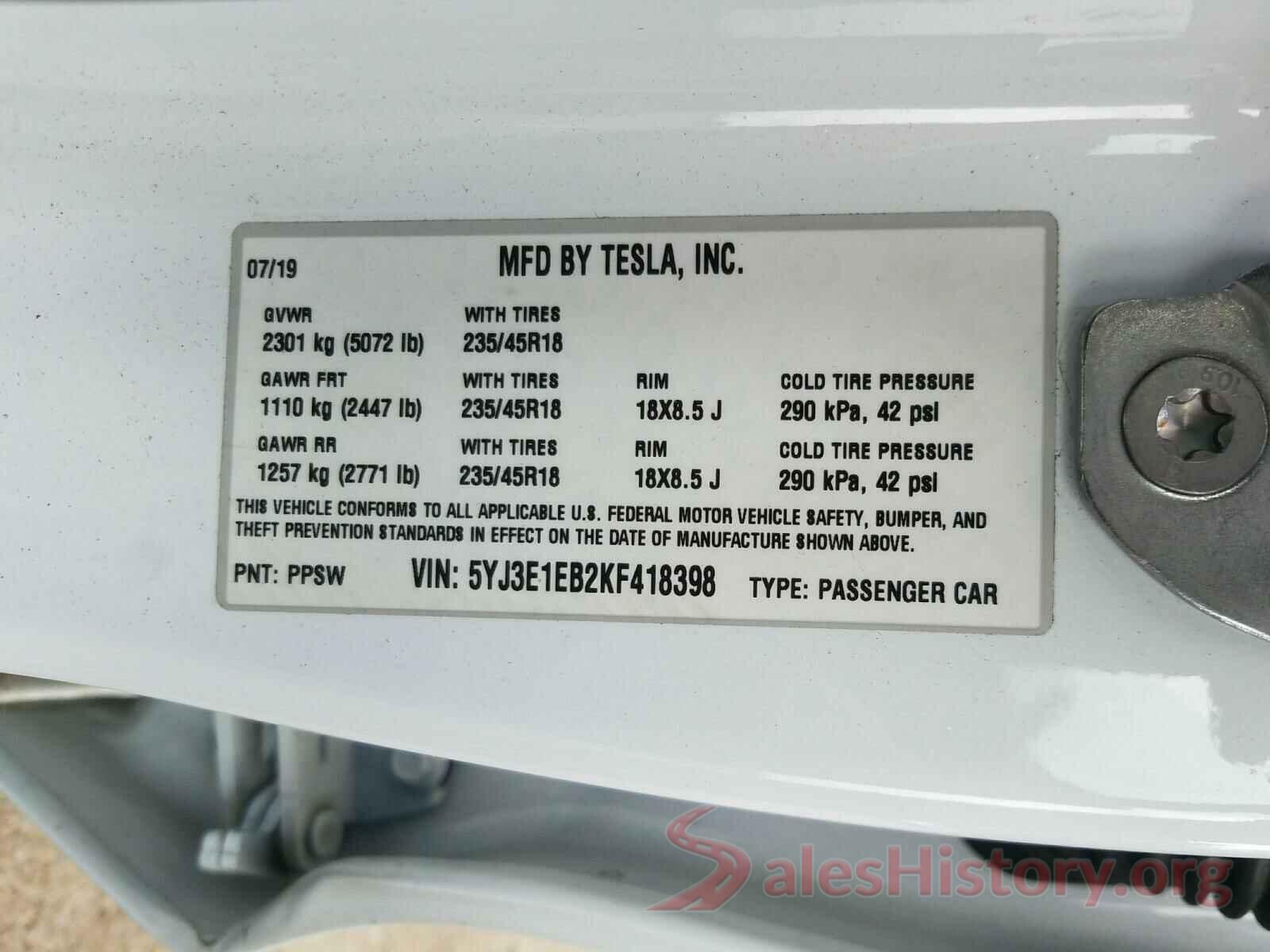 5YJ3E1EB2KF418398 2019 TESLA MODEL 3