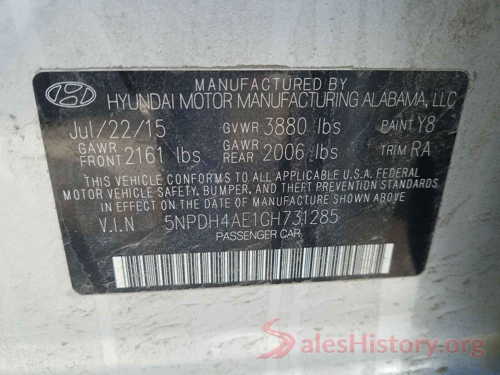 5NPDH4AE1GH731285 2016 HYUNDAI ELANTRA