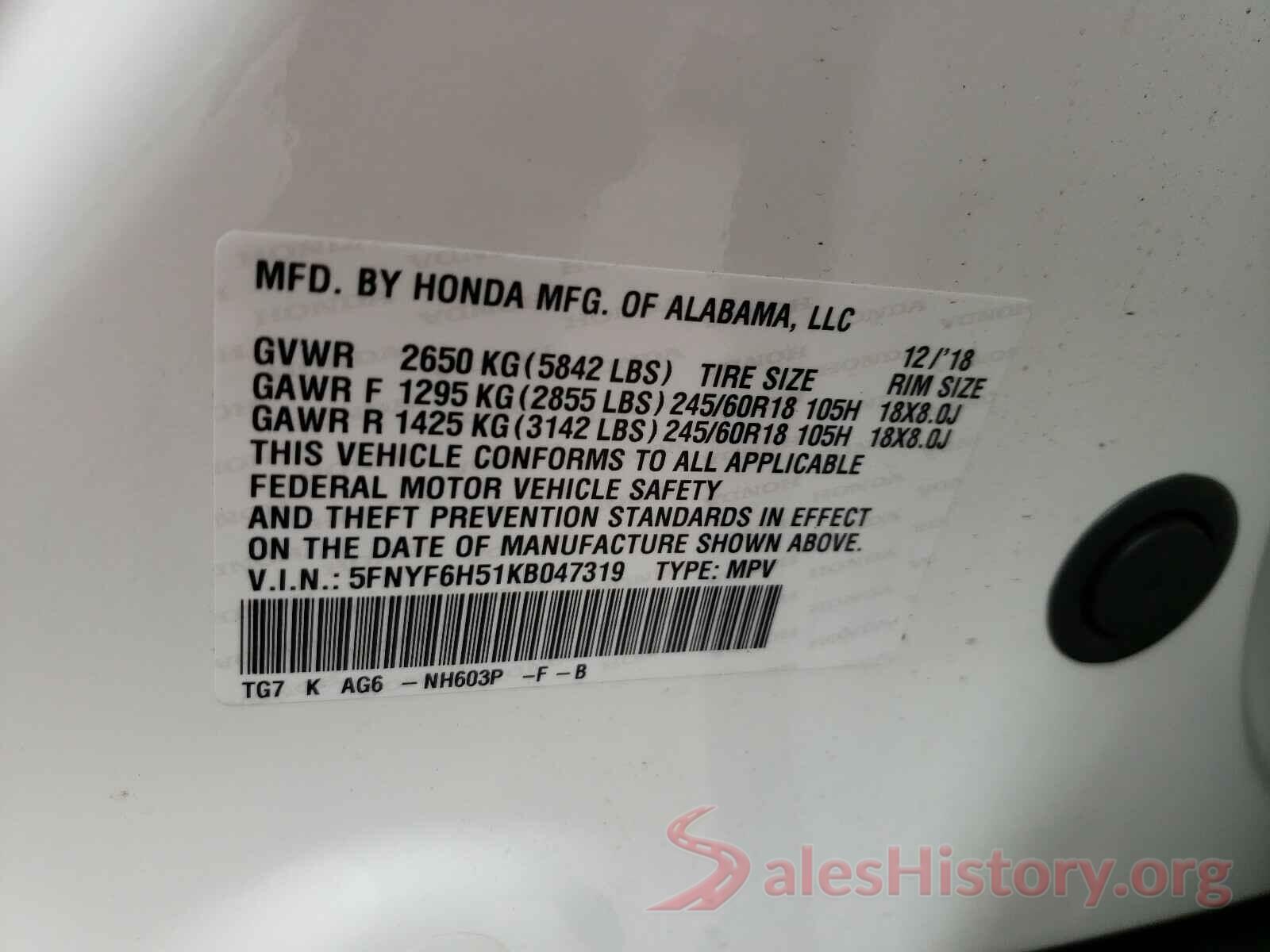 5FNYF6H51KB047319 2019 HONDA PILOT