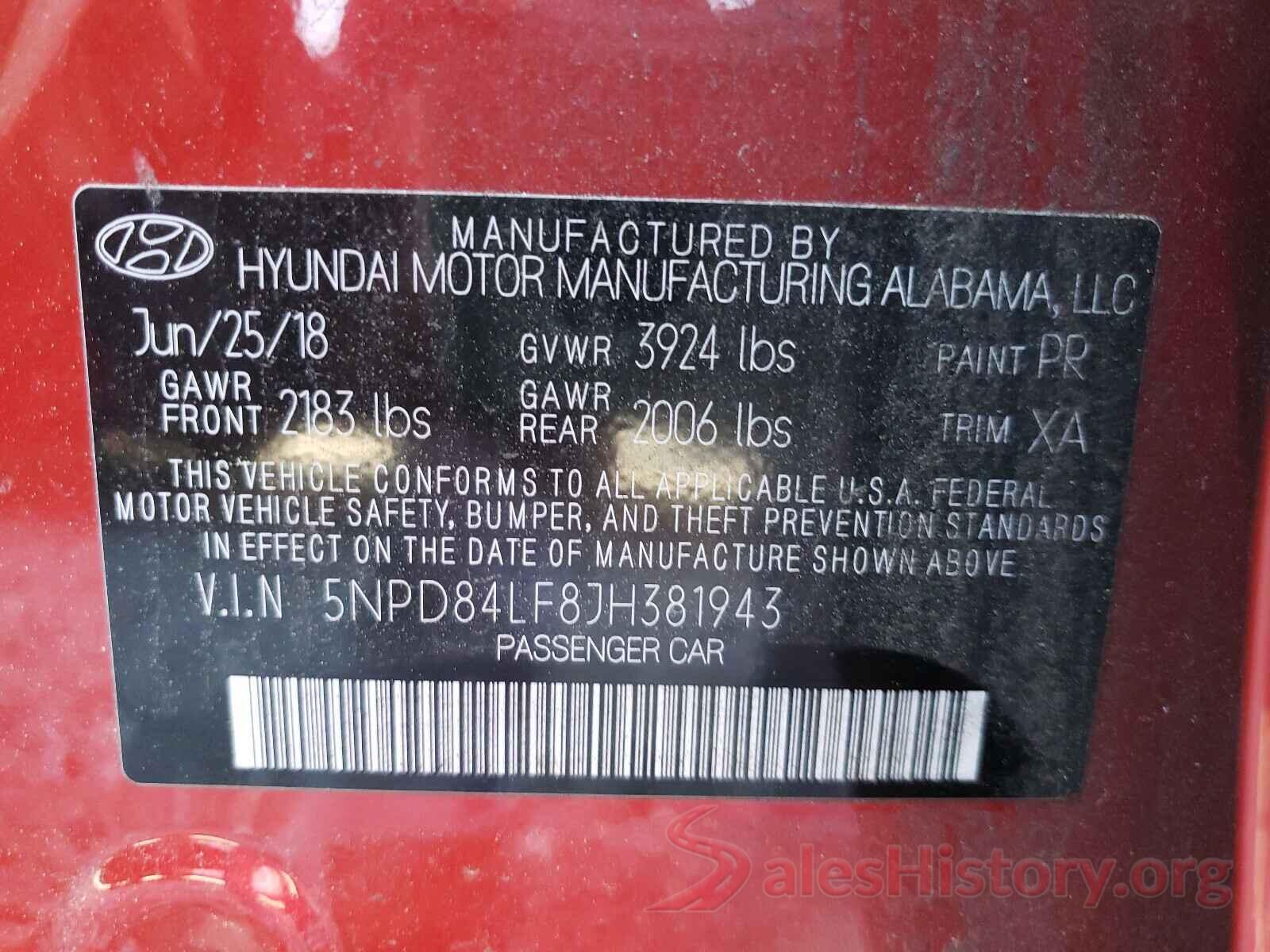 5NPD84LF8JH381943 2018 HYUNDAI ELANTRA