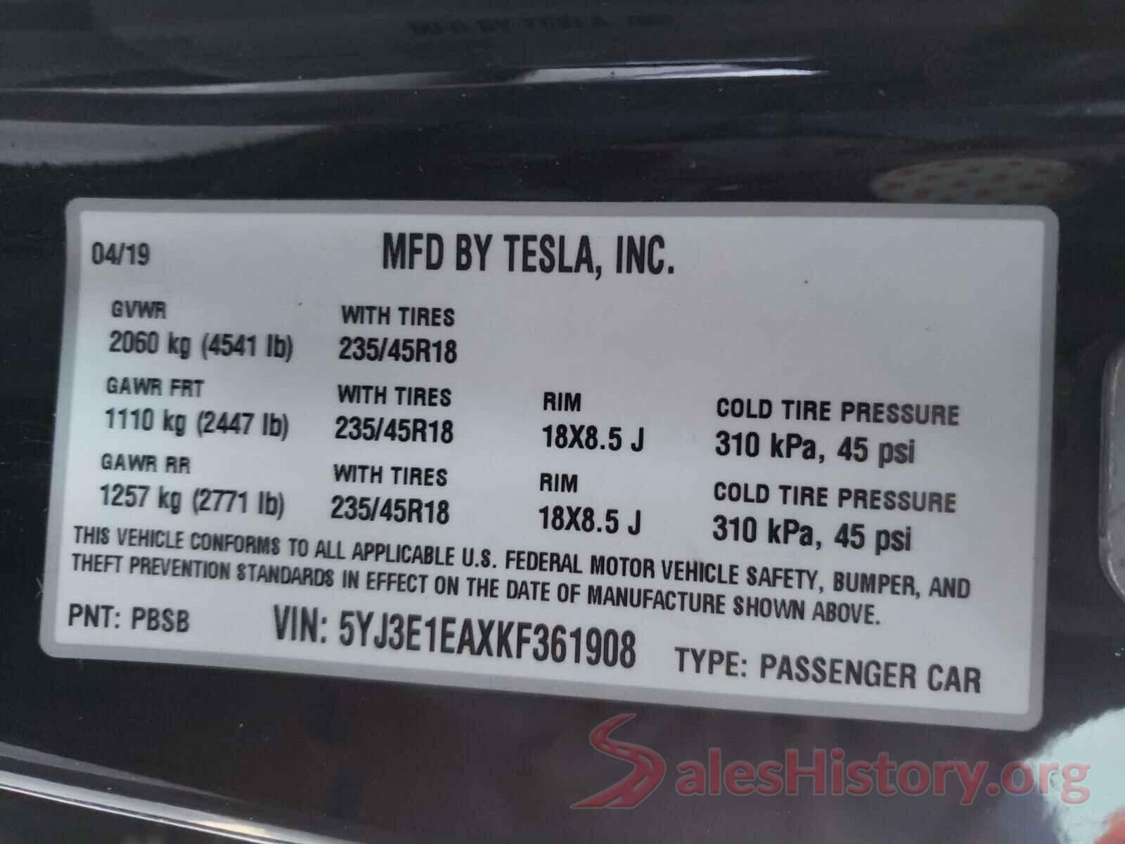 5YJ3E1EAXKF361908 2019 TESLA MODEL 3