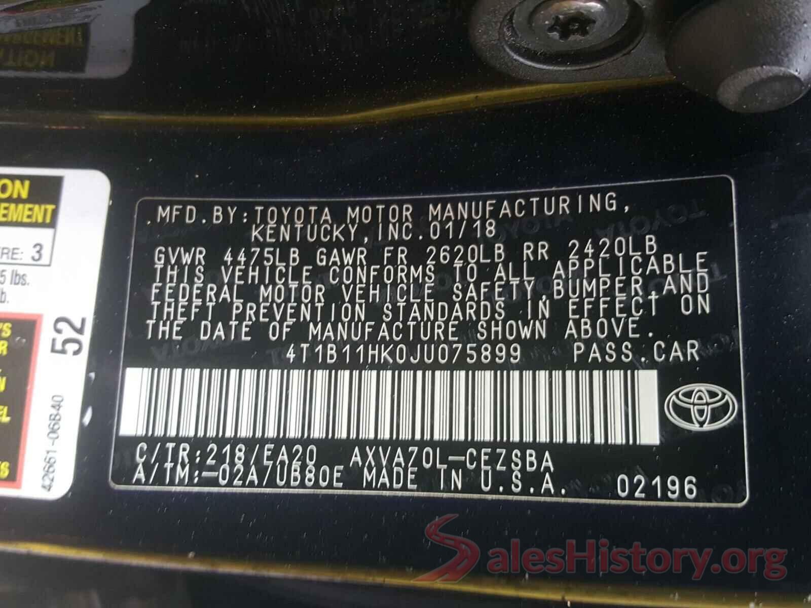 4T1B11HK0JU075899 2018 TOYOTA CAMRY