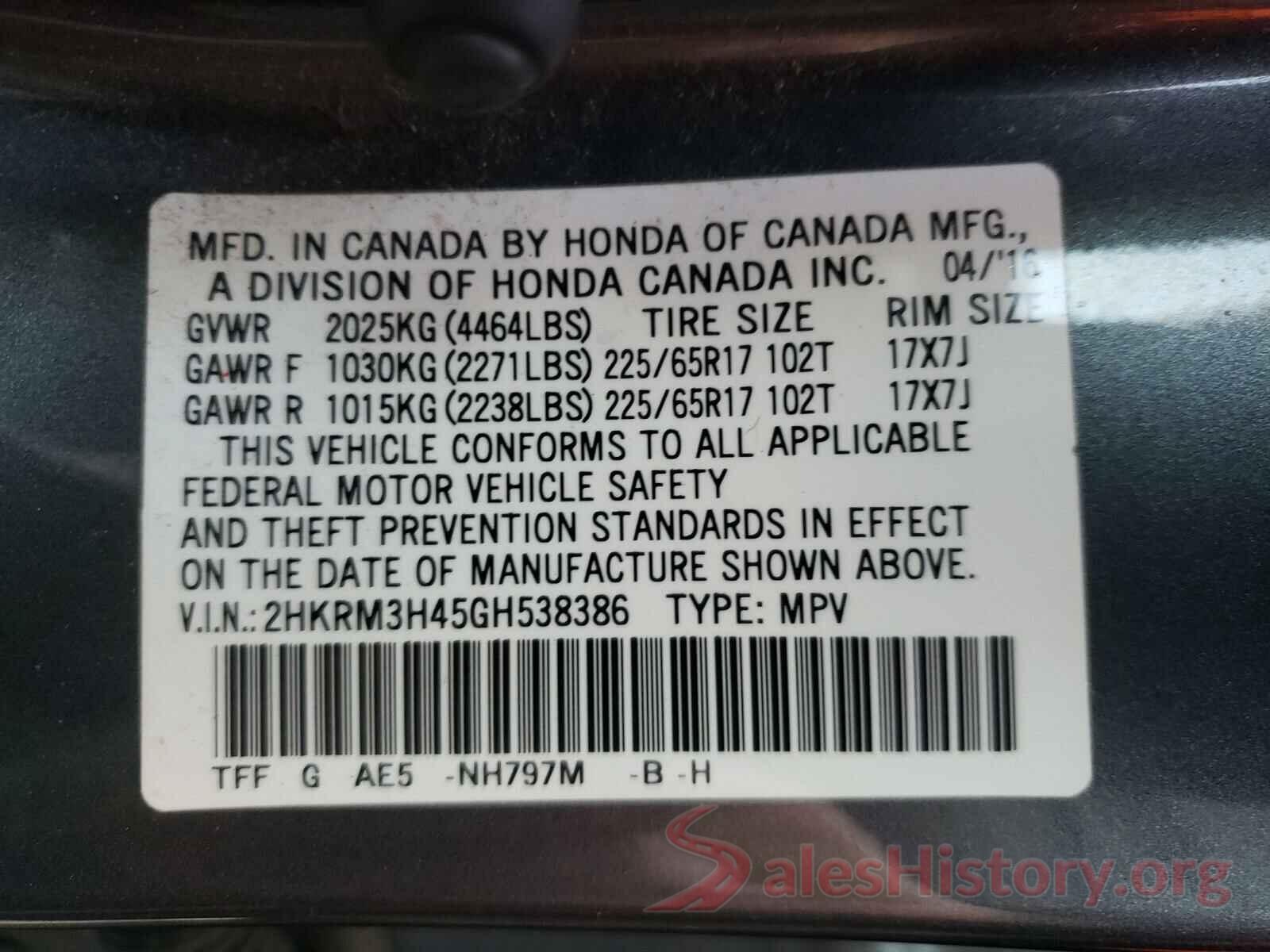 2HKRM3H45GH538386 2016 HONDA CRV