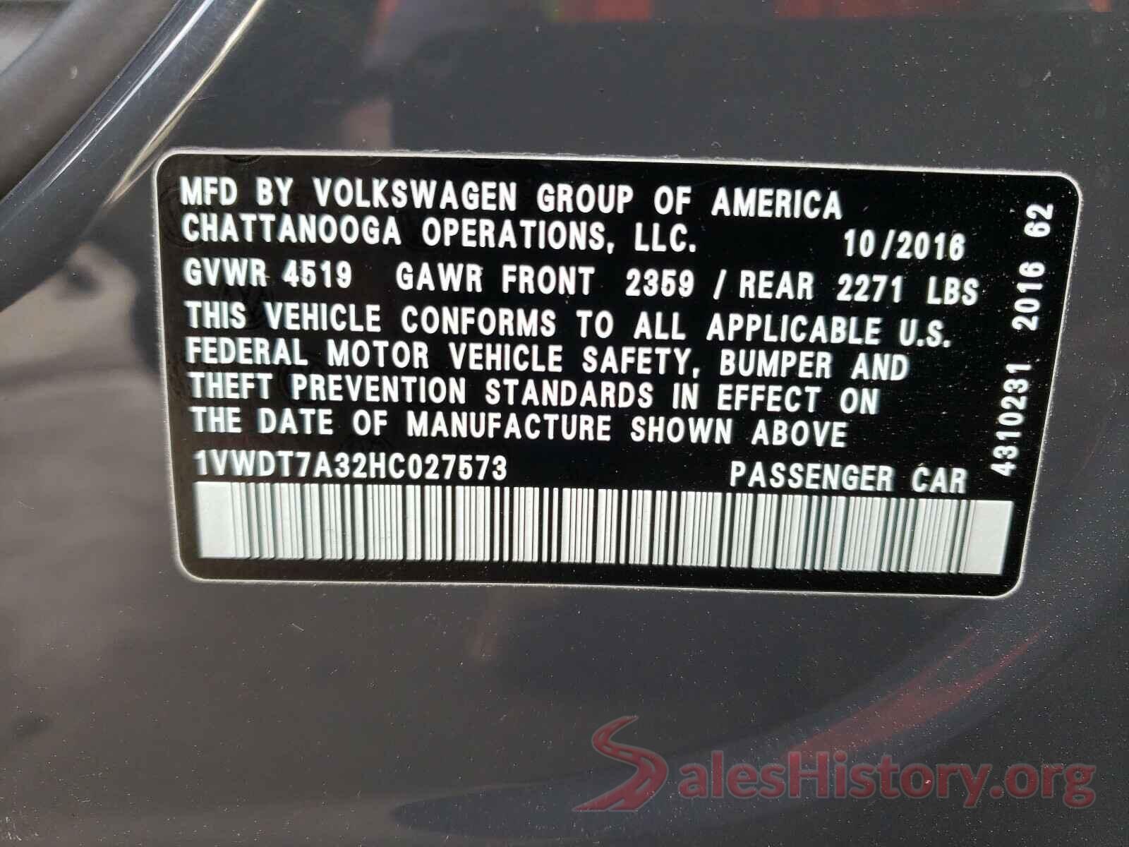 1VWDT7A32HC027573 2017 VOLKSWAGEN PASSAT