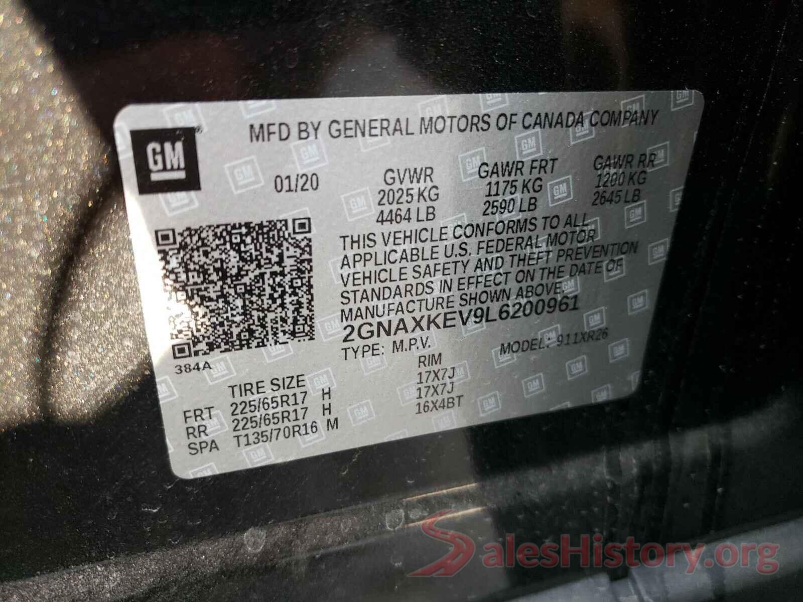 2GNAXKEV9L6200961 2020 CHEVROLET EQUINOX