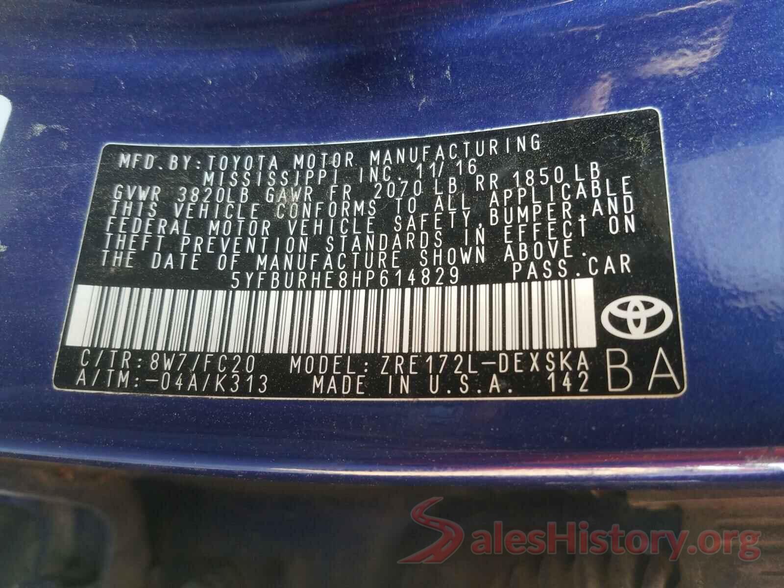 5YFBURHE8HP614829 2017 TOYOTA COROLLA