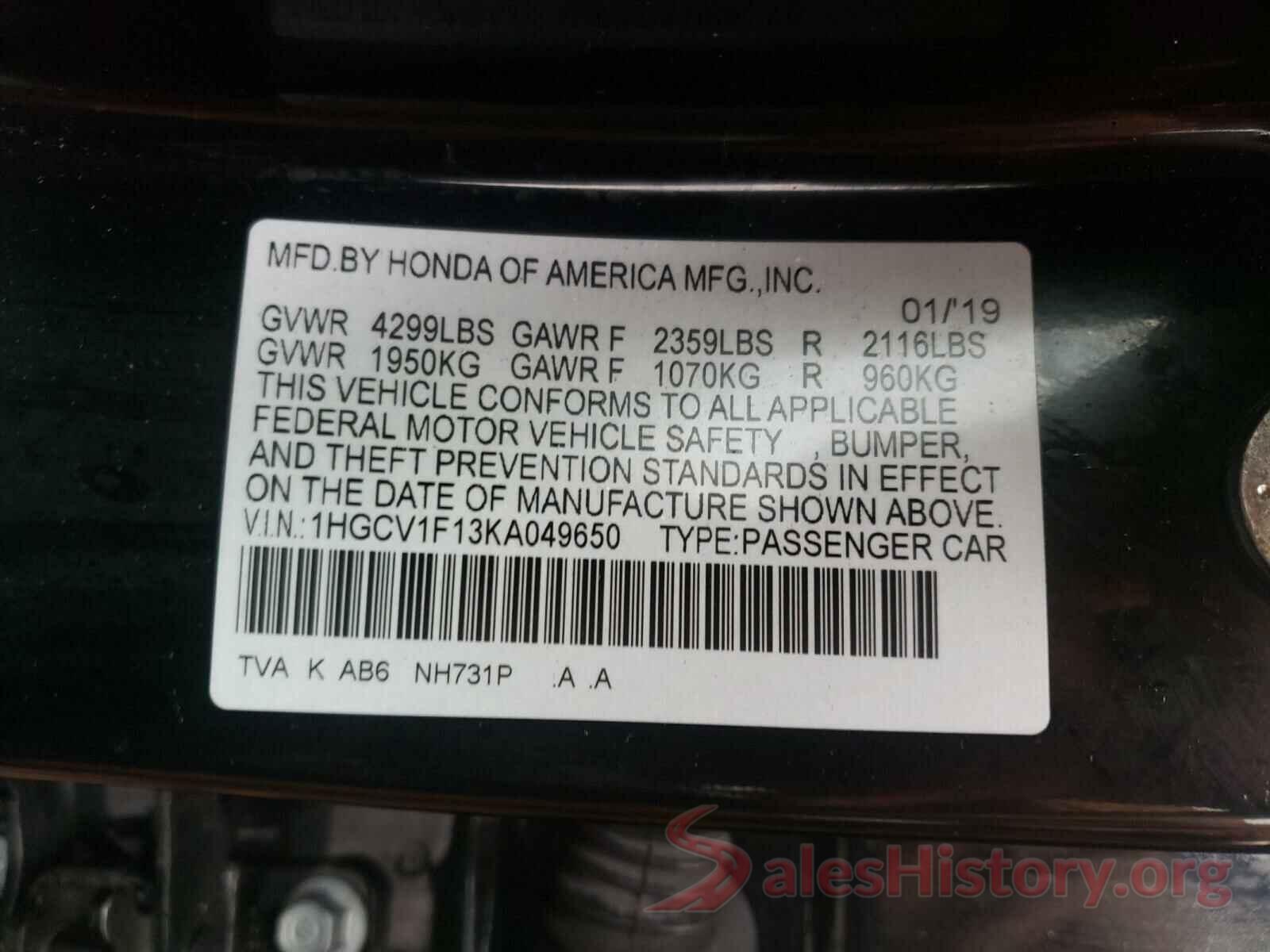 1HGCV1F13KA049650 2019 HONDA ACCORD