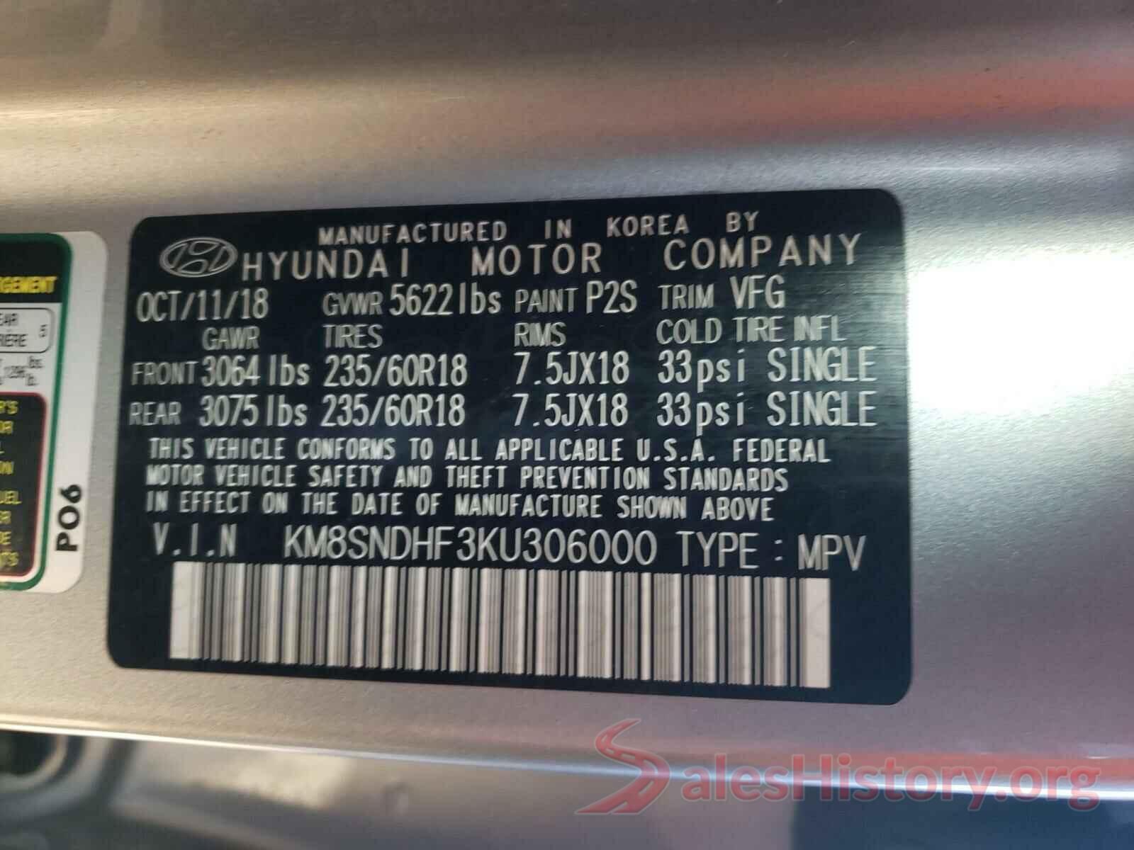 KM8SNDHF3KU306000 2019 HYUNDAI SANTA FE