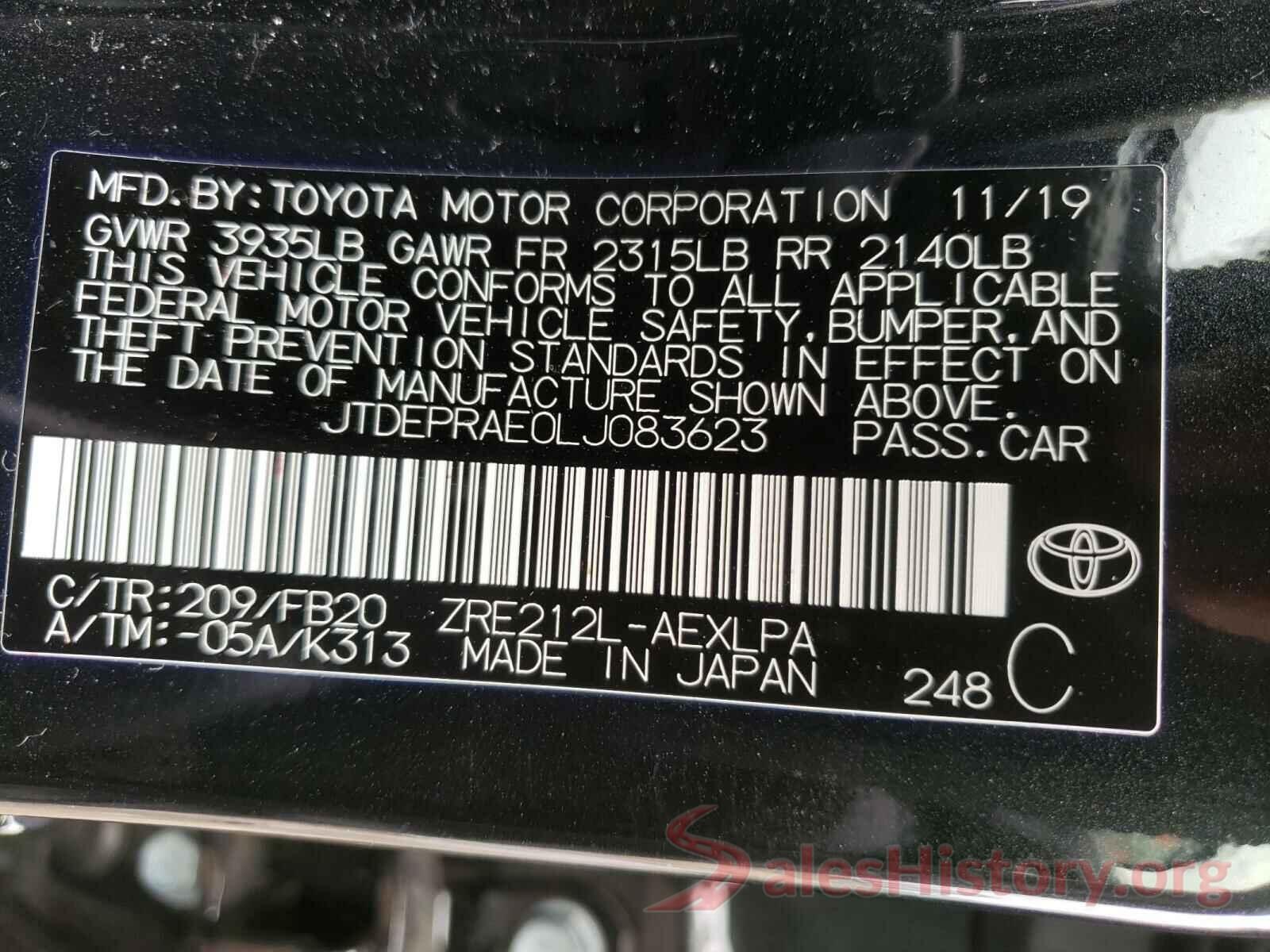 JTDEPRAE0LJ083623 2020 TOYOTA COROLLA