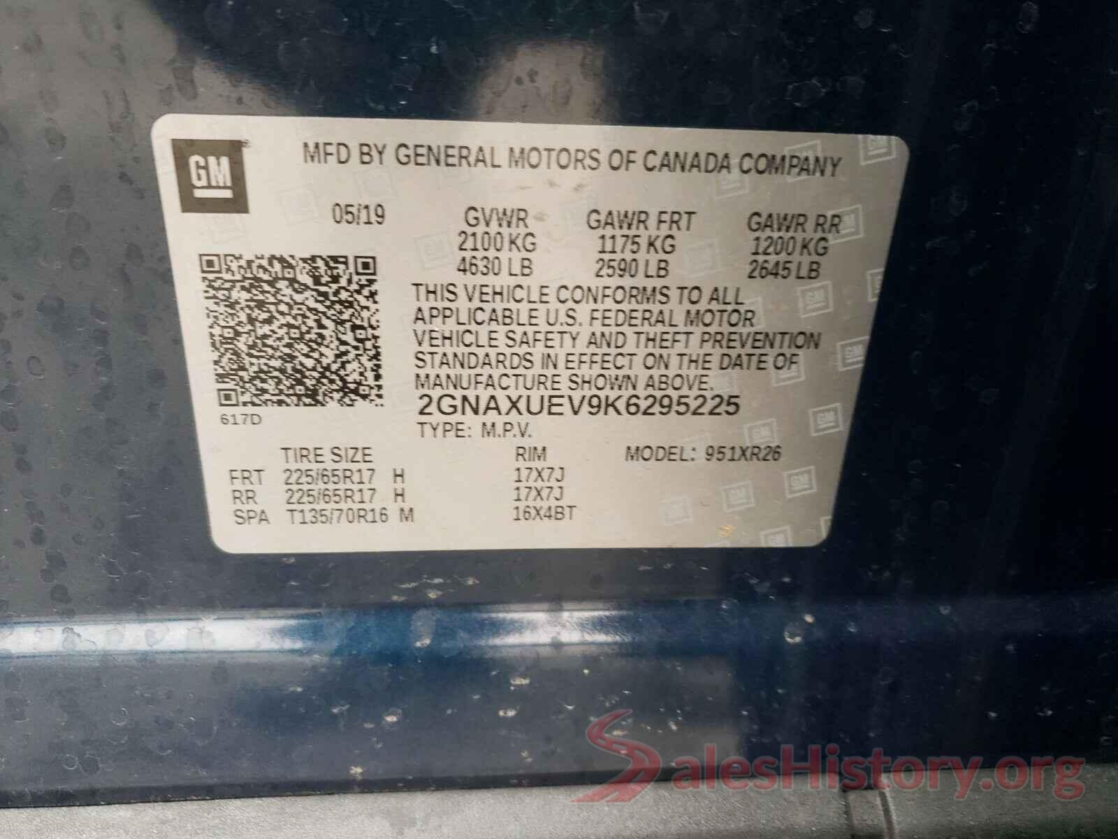 2GNAXUEV9K6295225 2019 CHEVROLET EQUINOX